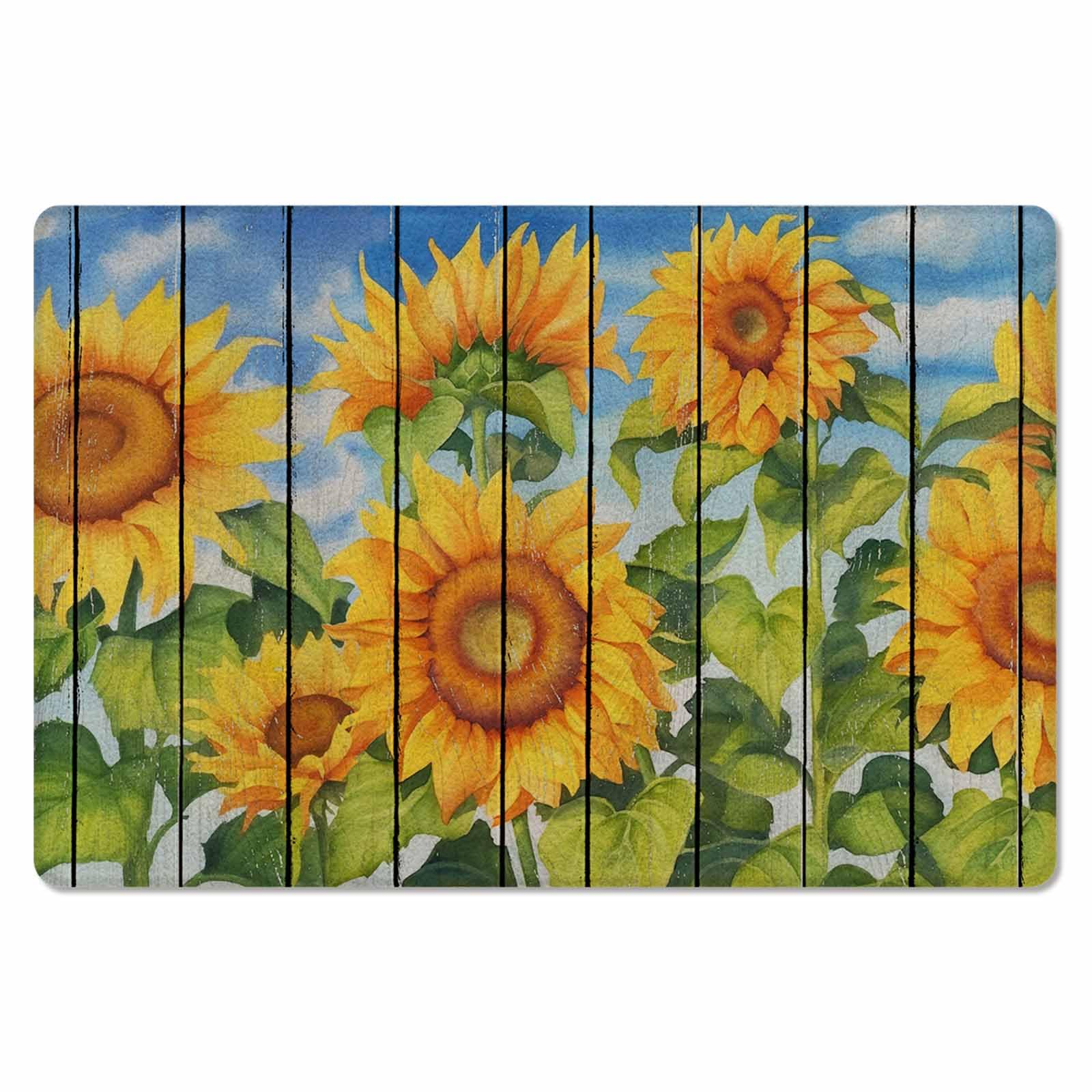 Sunflowers Antifatigue Kitchen Bath Door Mat Cushioned Runner Rug,Washable Welcome Floor Sink Mat,Waterproof & Non-Slip Kitchen Standing Doormat,Summer Vintage Botanical Floral Wooden Boards 18
