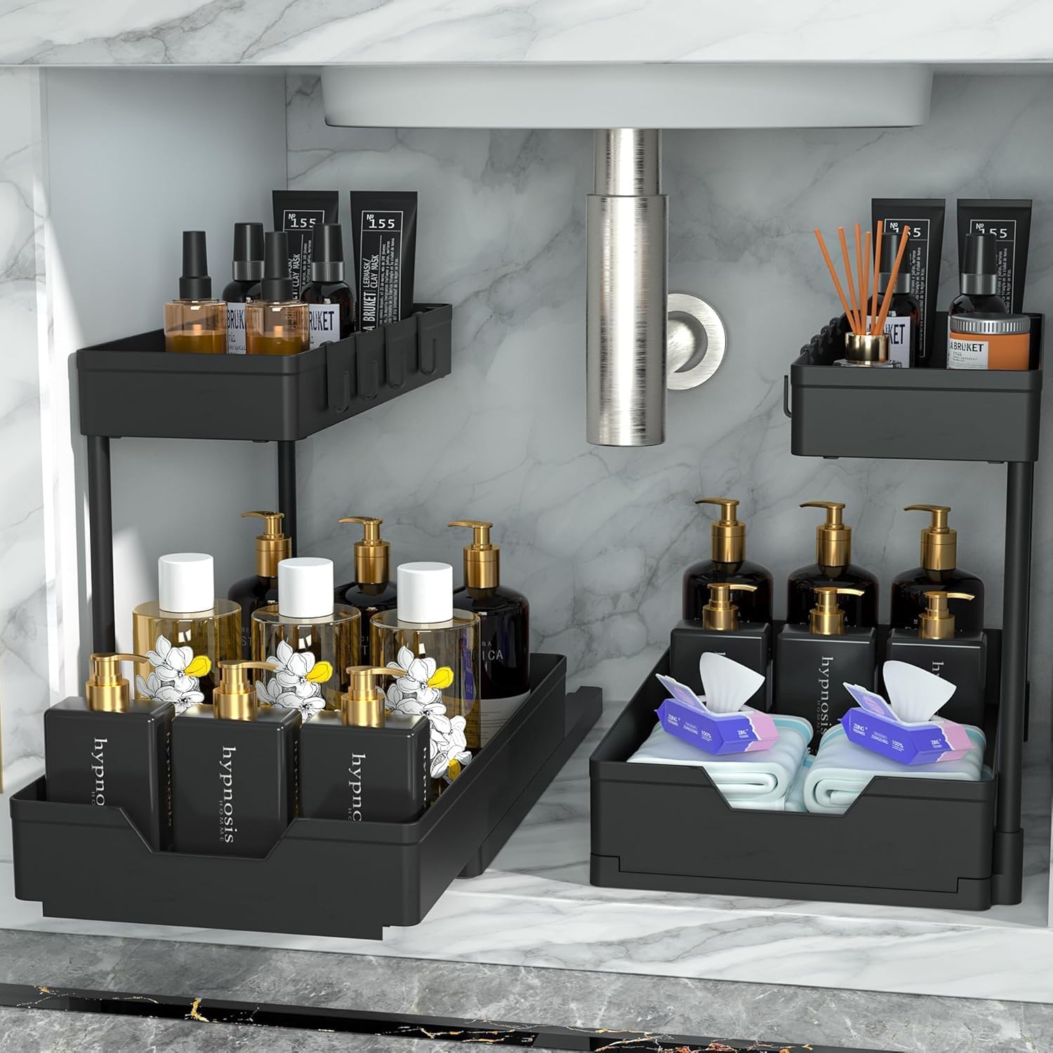 Under Sink Organizer, 2 Packs 2 Tier Under Sink Organizers and Storage, Slide out Pull out Cabinet Organizer Shelf, Metal Sliding Drawer for Kitchen Bathroom Pantry Cabinet Closet Organization Rack