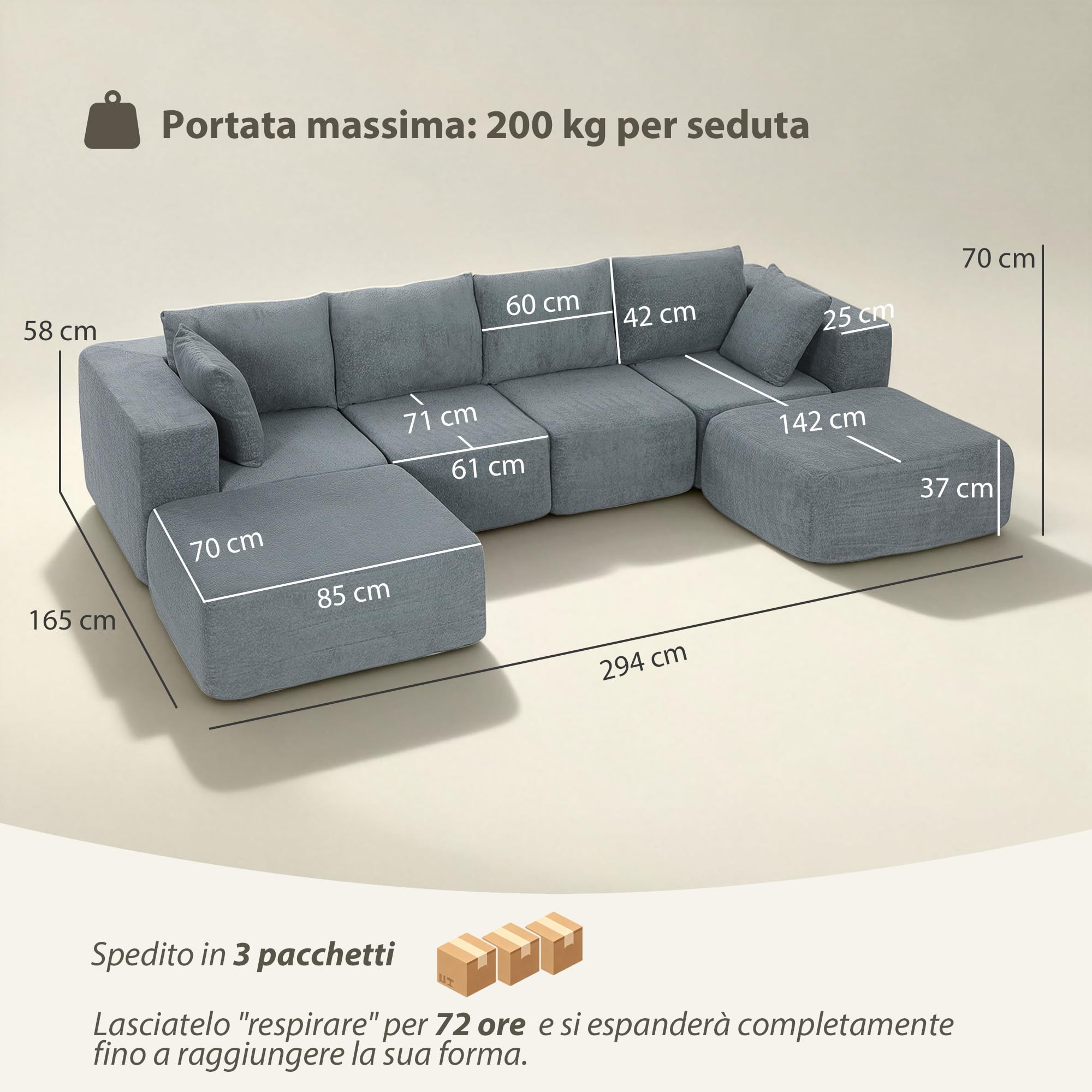 HOMCOM Divano Angolare Modulare 4 Posti Senza Struttura, Seduta Ampia Profonda, Divano Componibile a U con 2 Pouf, Braccioli Larghi e Cuscini, in Velluto per Soggiorno, 294x165x70 cm, Grigio Scuro