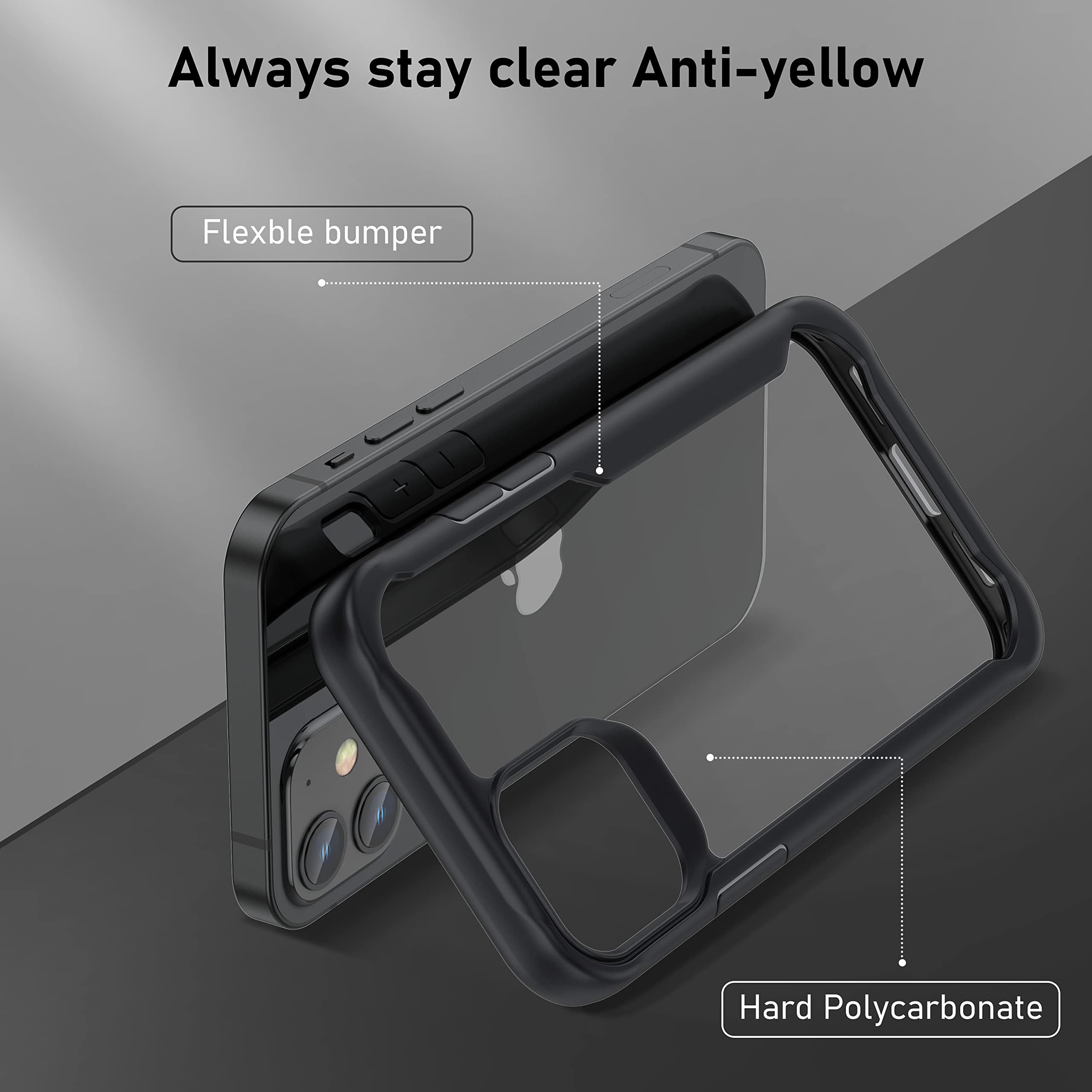 ORETech Cover per iPhone 12, Custodia iPhone 12(6.1 Pollici), [2 Pezzi Pellicola Protettiva in Vetro Temperato & 1 Pezzi Pellicola Fotocamera]Antiurto Ultra Sottile Hard PC Silicone Clear Cover - Nero