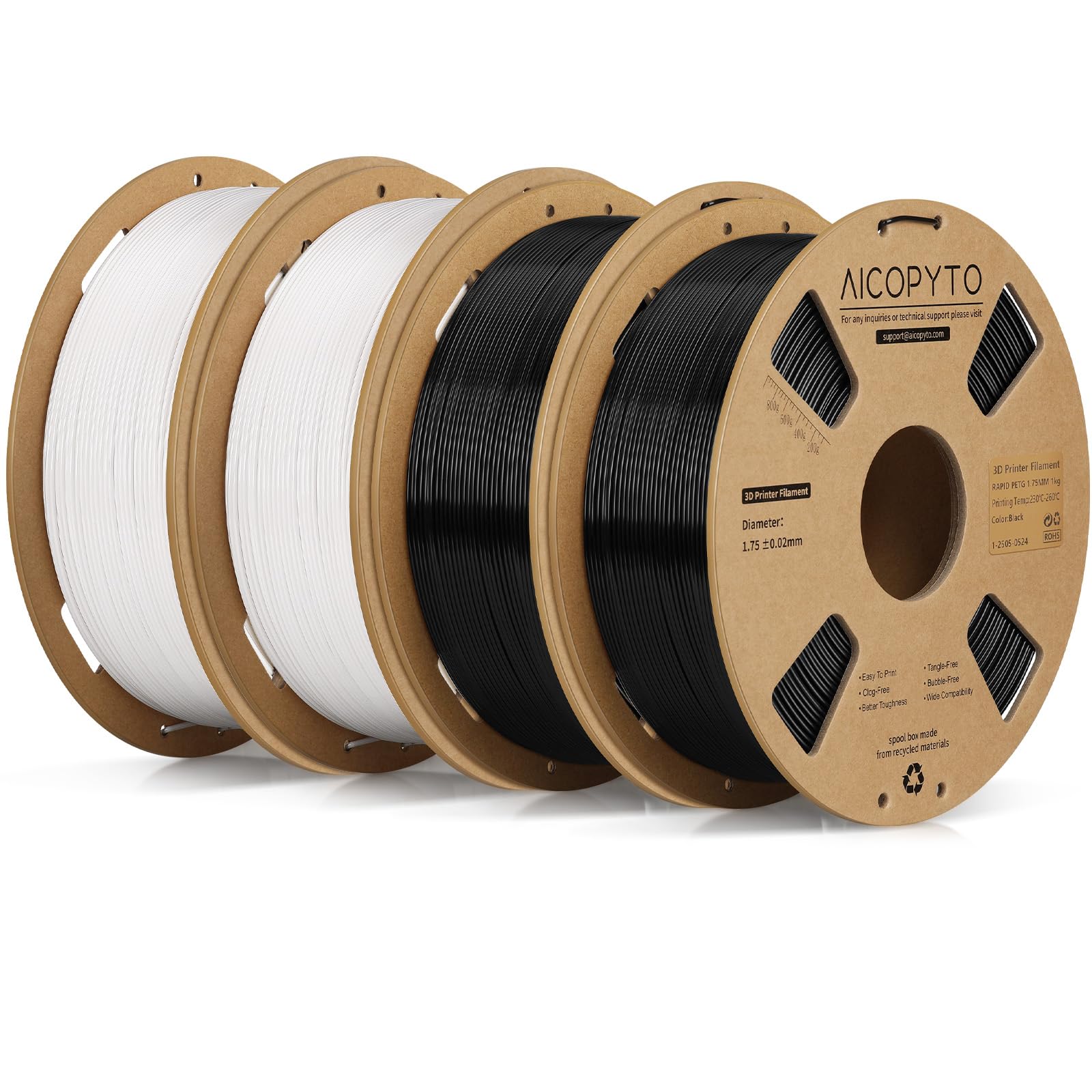 PETG Filament 1.75mm Bundle 4KG, High Speed 30-600mm/s 3D Printer Filament Rapid PETG Dimensional Accuracy +/- 0.02mm, 1kg Cardboard Spool(2.2lbs) Fits for Most FFF 3D Printers, Black+White