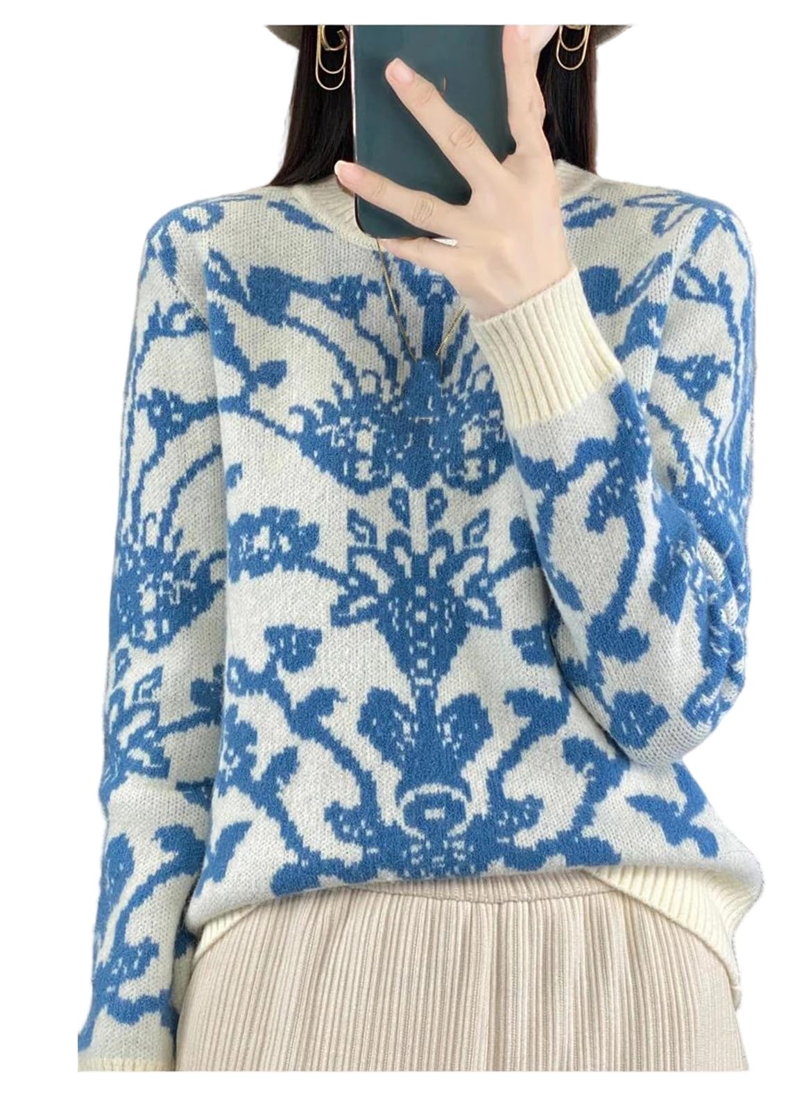 Women Winter Soft Solid Color Wool Sweater Vintage Round Neck Textured Pullover Basis Casual Loose Knit Top
