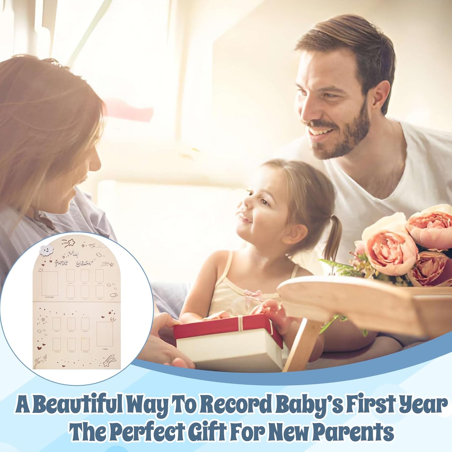 Large Foldable My First Year Photo Board, 33 x 22 Inch Wooden My First Year Photo Frame, First Year Photo Board for 12 Monthly Baby Pictures, First Birthday Decoration & Newborn Parents Gift (Cloud, 14 Photos)