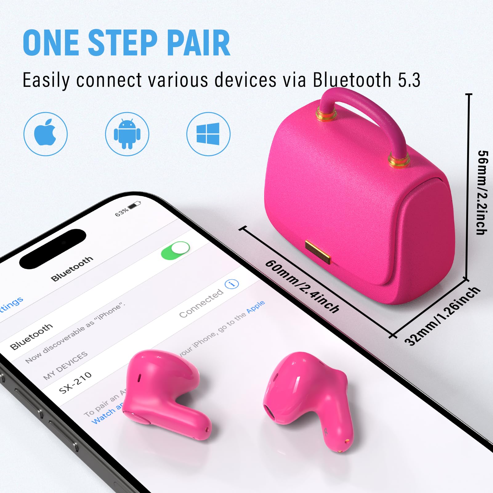Słuchawki douszne Bluetooth 5.3, 13 mm, słuchawki douszne zapewniają dźwięk premium, czas odtwarzania 22 h, True Wireless Earbuds z unikalnym Mini HandBag Charging Case, idealne dla kobiet i