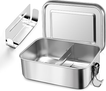 Herogo Stainless Steel Metal Lunch Box 1400ML with 2 Compartments | Bento Boxor for Adults and Kids, Bento Box with Removable Dividers, Leak-Proof with Sturdy Lock Clips, Dishwasher Safe