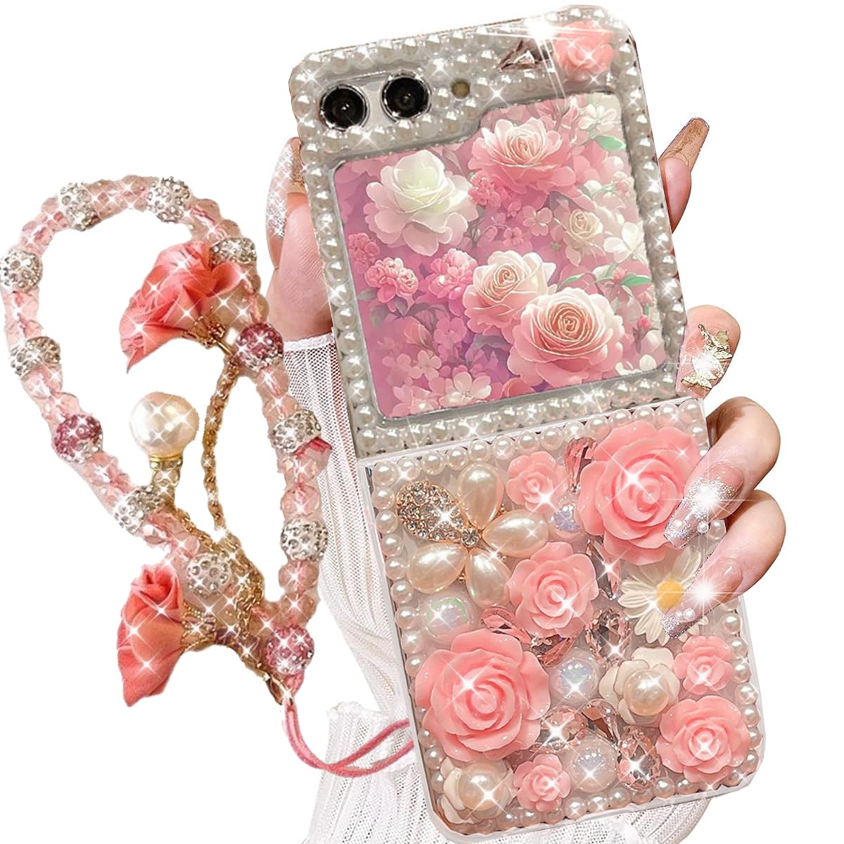 AuroiCCY for Samsung Galaxy Z Flip 6 Case,Cute Bling Glitter Sparkle Stunning Stones Diamond Rhinestone 3D Handmade Pearl Rose Flower with Wrist