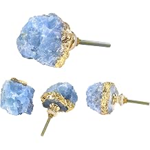 AMOYSTONE Blue Crystal Stone Knobs for Cabinets, Natural Stone Drawer Pulls 4PCS Blue Calcite Crystal Drawer Pulls Knobs with Gold Foil, Rock Irregular 11.5" 30-40mm DIY Decoration
