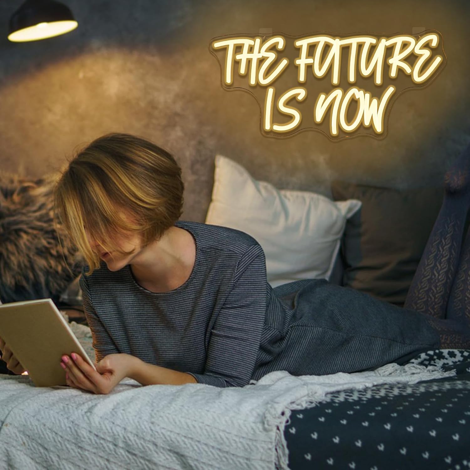 The Future Is Now Neon Sign Dimmable Letters Neon Light Sign for Wall Decor Warm White Led Sign for Bedroom Living Room Cafe Office Kid's Room Home Party Art Decor Gift 16.5" x 7.6"