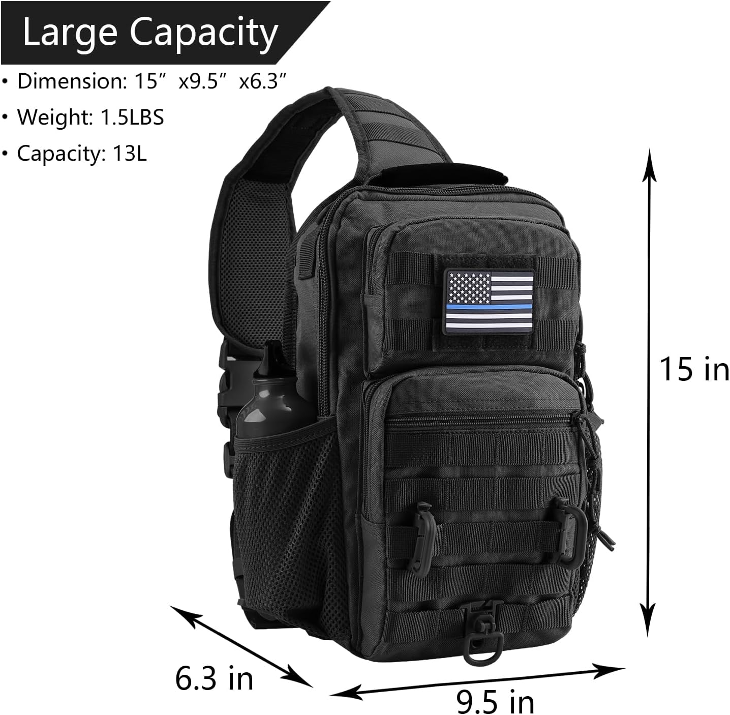 Rover Sling Pack Tactical Shoulder Sling Bag Backpack with Bottle Holder Crossbody Chest Bag, Black - Image 2