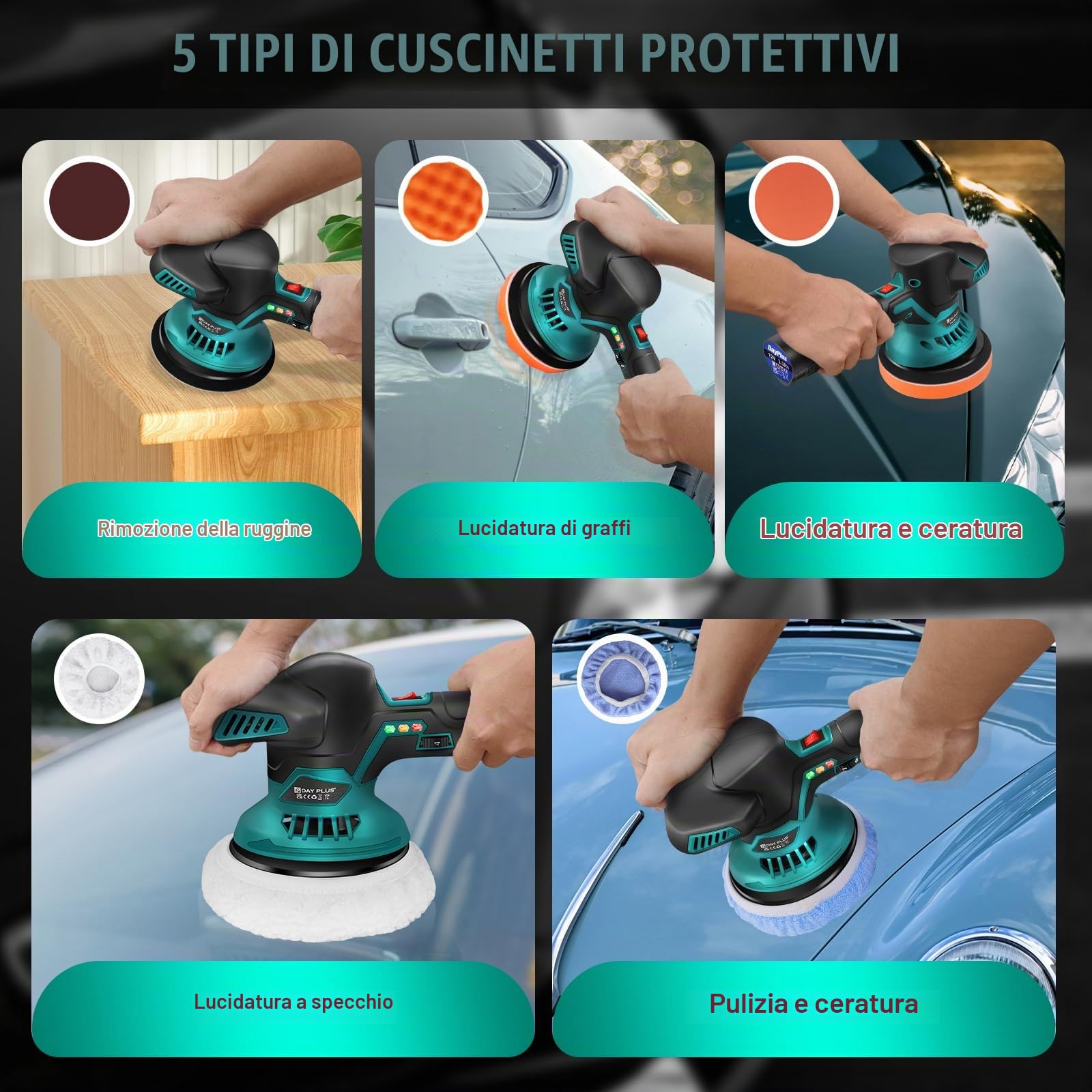 Lucidatrice a batteria per auto, lucidatrice eccentrica, 12 V, con 2 batterie e 22 accessori, 6 velocità variabili per la cura dell'auto, lucidatura, ceratura, rimozione dei graffi – Set di