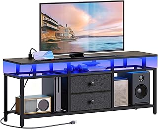 TV Stand with LED Light and Power Outlets, Entertainment Center with Fabric Drawers and Open Shelves, 41.7" TV Cabinet for TVs up to 45 Inch, Media Console for Living Room, Bedroom, DS03UDBB