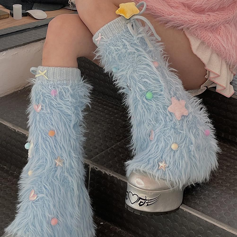 [QRUENNTG] 女性用ふわふわレッグウォーマー 冬用ニットソフトブーツカフカバー Y2Kフェイクファー レッグウォーマー ライ