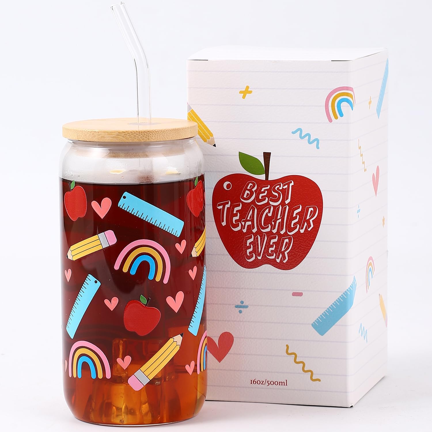 Teacher Appreciation Gifts for Women, Best Teacher Ever Glass Cup with Lid and Straw for Birthday Christmas Thank You Gifts for Women, Back to School Teacher Gift