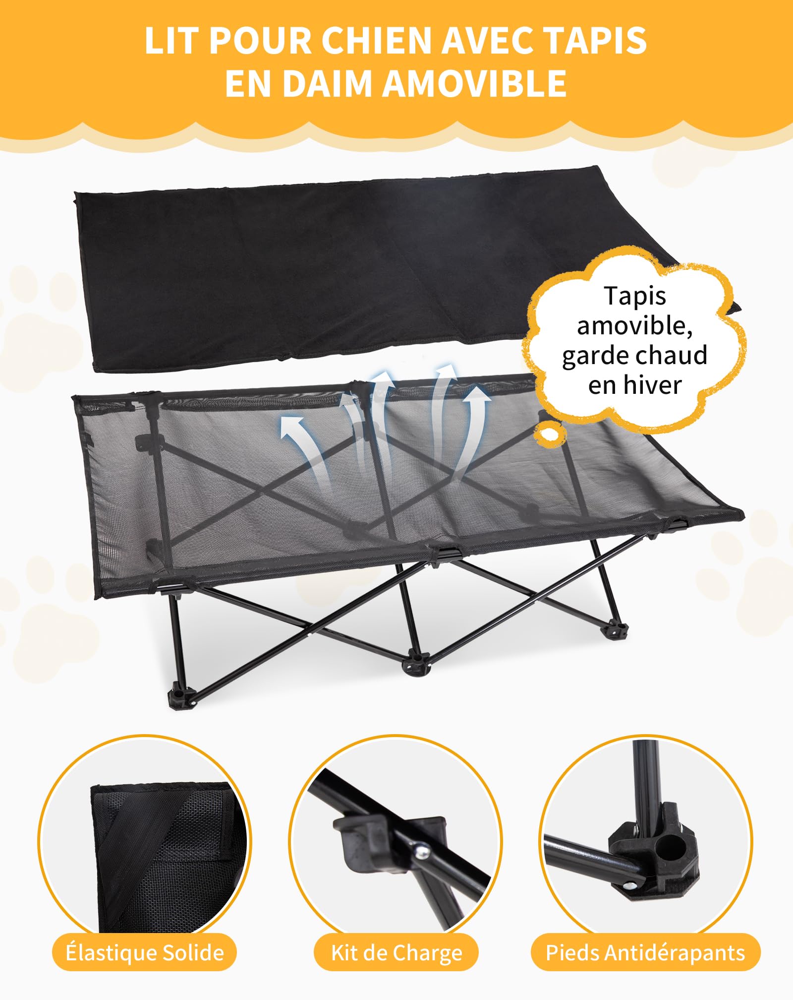 KingCamp Lit Surélevé Pliable pour Grand Chien, Taille L, jusqu'à 70 kg | Lit pour Chien avec Maille Respirante,Tapis d'Hiver, Surélevé 30cm, Cadre en Acier Q195, pour Intérieur&Extérieur
