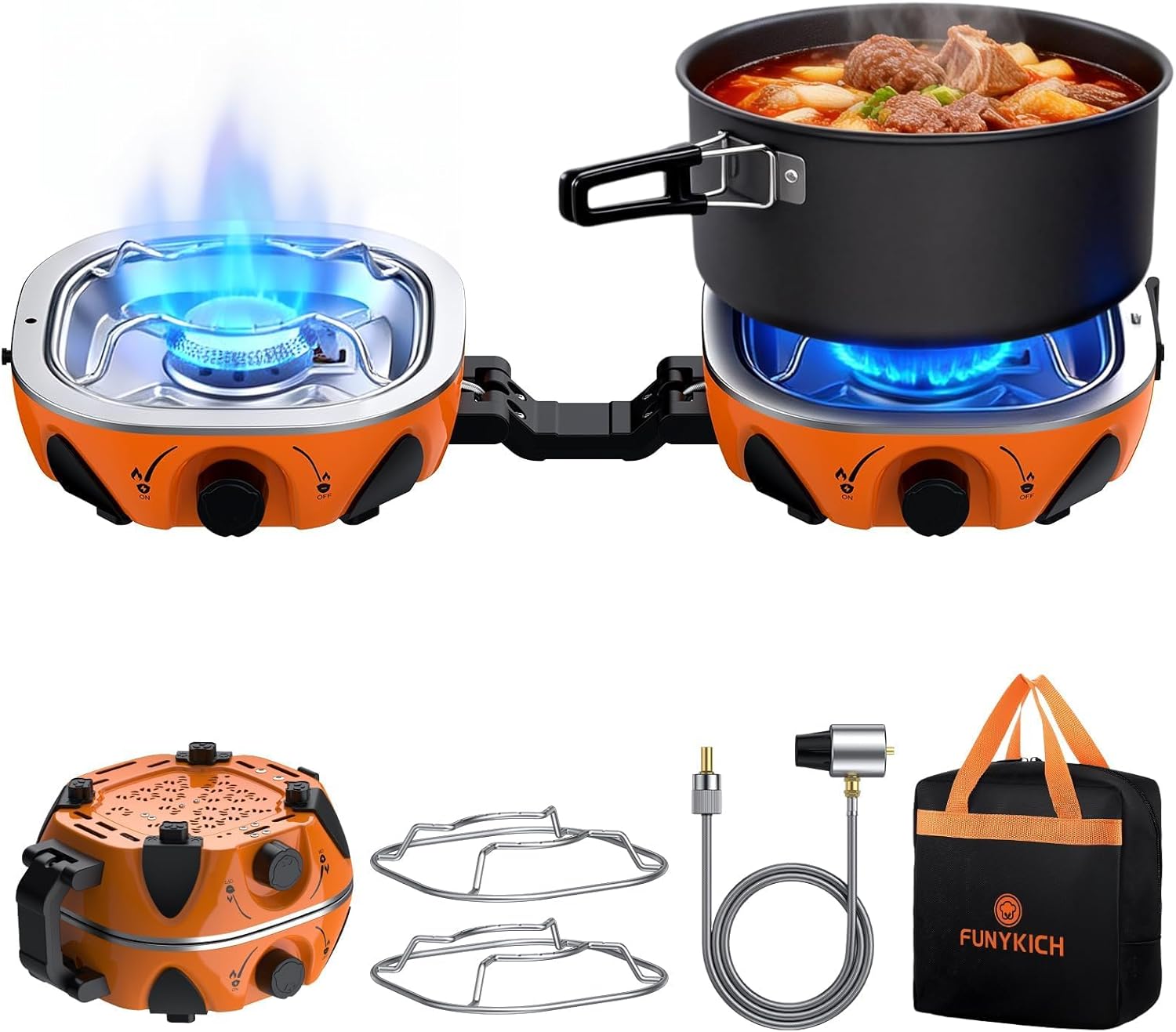 FUNYKICH 2-Burner Foldable Camping Stove with Carrying Bag, Portable Propane Camp Stove with Adjustable Burners & Piezo Ignition, for Camping Tailgating Essentials Gear