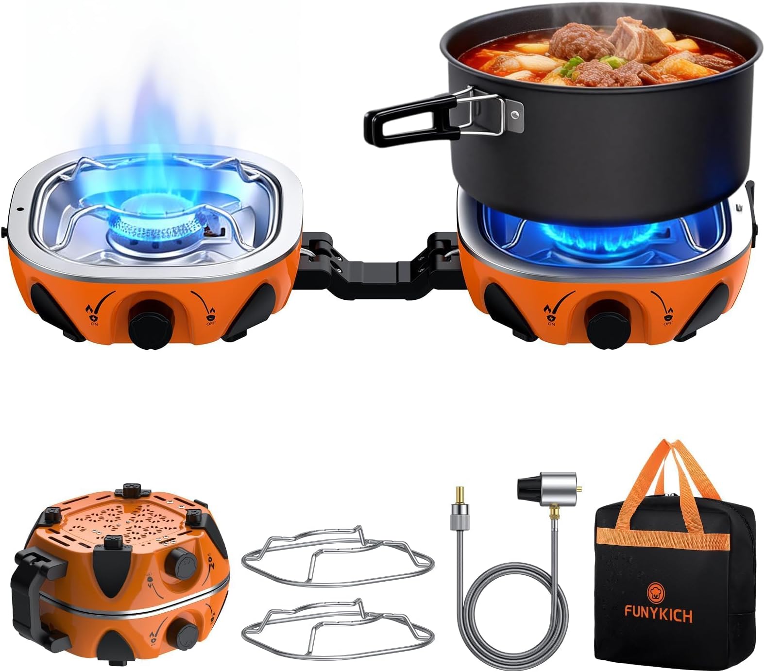 FUNYKICH 2-Burner Foldable Camping Stove with Carrying Bag, Portable Propane Camp Stove with Adjustable Burners & Piezo Ignition, for Camping Tailgating Essentials Gear