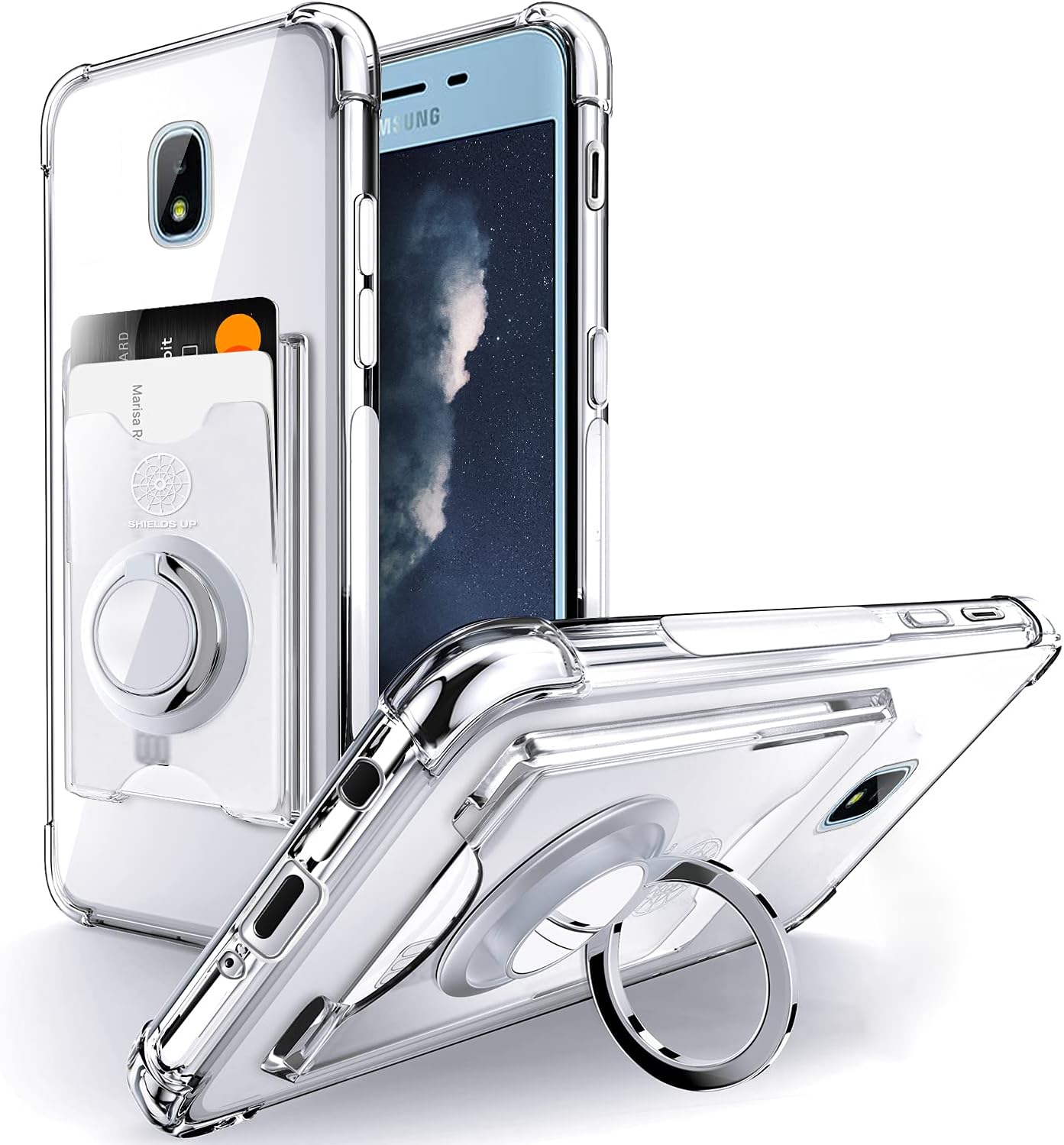 Shields Up for Samsung Galaxy J7 2018 Case, J7 V 2nd, J7 Refine, J7 Star, J7 Aero, J7 Crown, J7 Top, J7 Aura, J7 Eon Case, Minimalist Wallet Case with Card Holder and Ring Kickstand/Stand -Clear