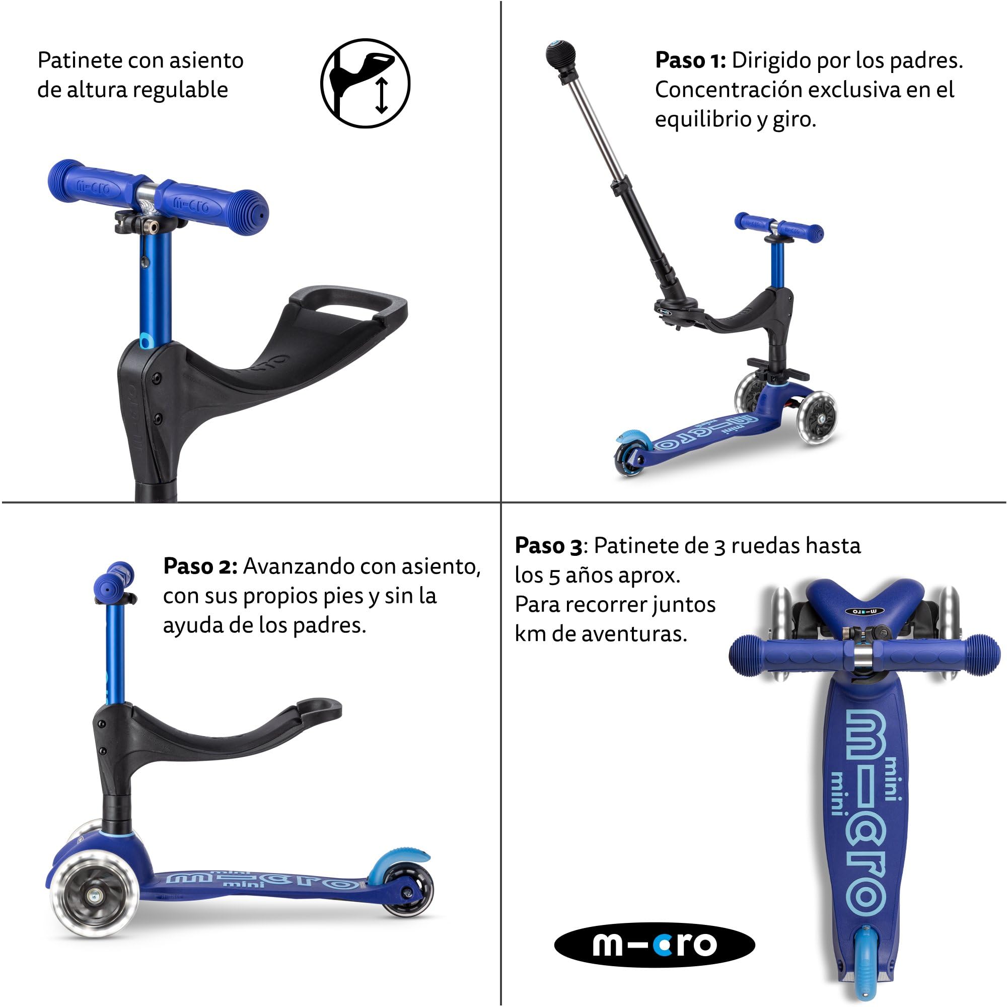Micro® | Mini 3en1 Deluxe Plus LED Patinete con Asiento 3 Ruedas | Patinete Evolutivo | Asiento + Reposapiés + Bastón de Empuje | Ruedas con iluminación LED | 1-5 Años | Niños y Niñas
