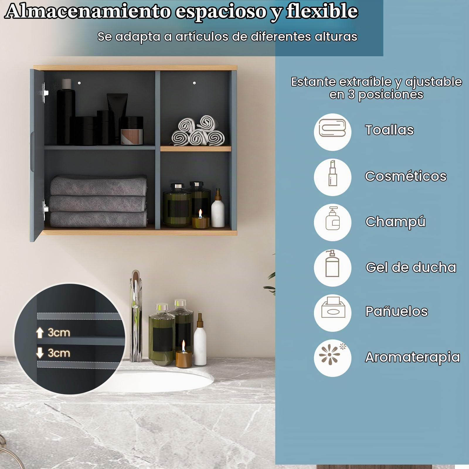 LIFEZEAL Armario de Pared para Baño con Espejo, Armario de Madera, Armario con Estante Ajustable, Organizador con Espacio Abierto, 60 x 20 x 52 cm