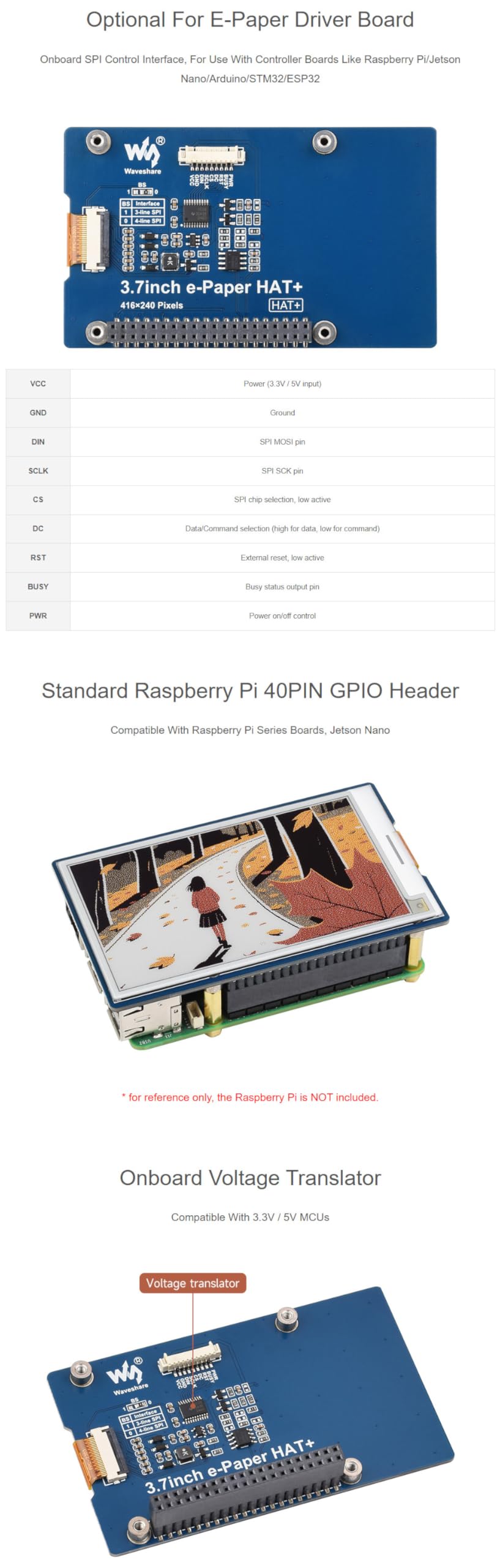 3.7inch e-Paper HAT+ Display (G), E-Ink Screen, 416x240 Resolution, Red/Yellow/Black/White, SPI Interface, Compatible with Raspberry Pi, Jetson Nano, Arduino, STM32, ESP32