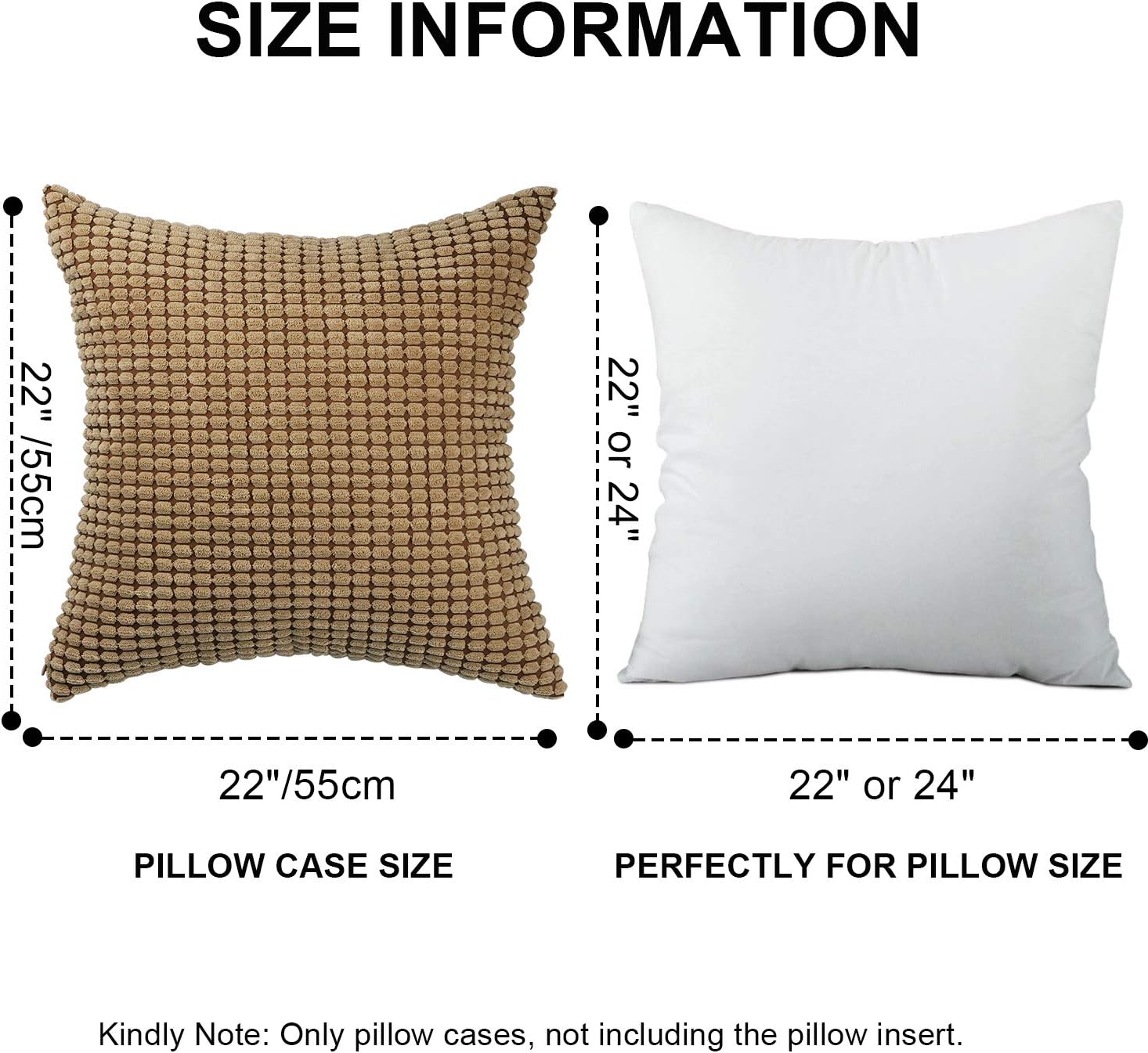 Set of 4,Decorative Throw Pillow Covers 22" x 22"(No Insert),Solid Corduroy Corn Stripe Pattern Accent Square Pillow Case,Soft Large Cushion Covers with Hidden Zipper for Couch/Sofa/Bed,Light Brown