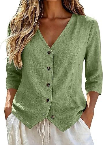 Linen Blouses for Women Cute Casual Button Up 3/4 Sleeve V N