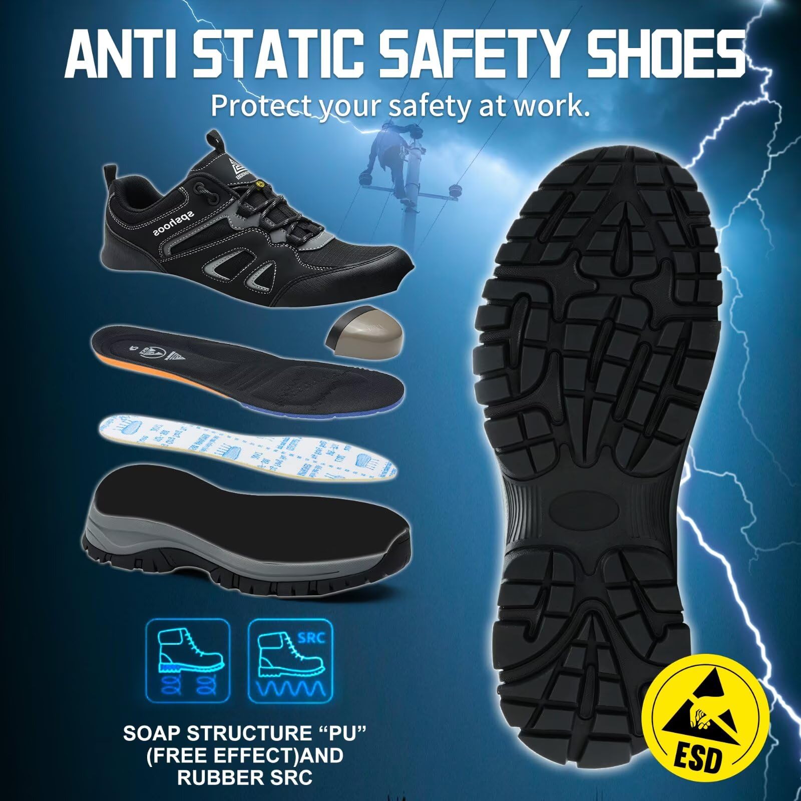 Scarpe Antinfortunistiche Uomo Donna S1P Scarpe da Lavoro ESD Leggere Antiscivolo con Punta in Acciaio Traspiranti Comode