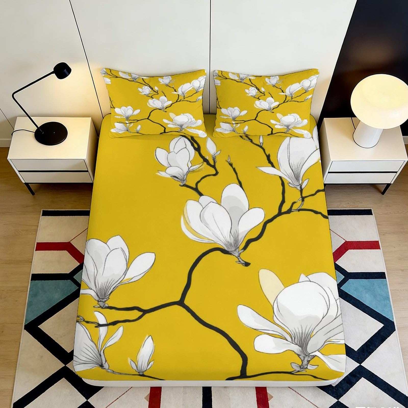 3D Printed Magnolia Blossom Fitted Sheet Microfiber Yellow Floral Mattress Cover for Bedroom Guest Room Décor Protection 90x200x25cm