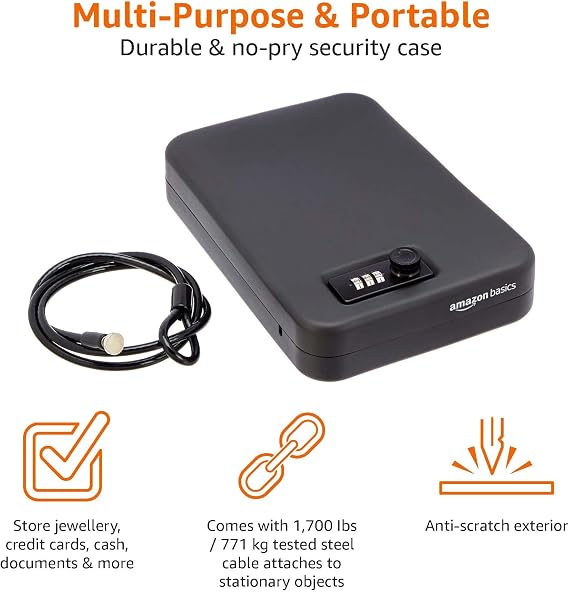Amazon Basics Portable Security Lock Box Safe with Combination Lock for Documents and Jewelry, XL, Black