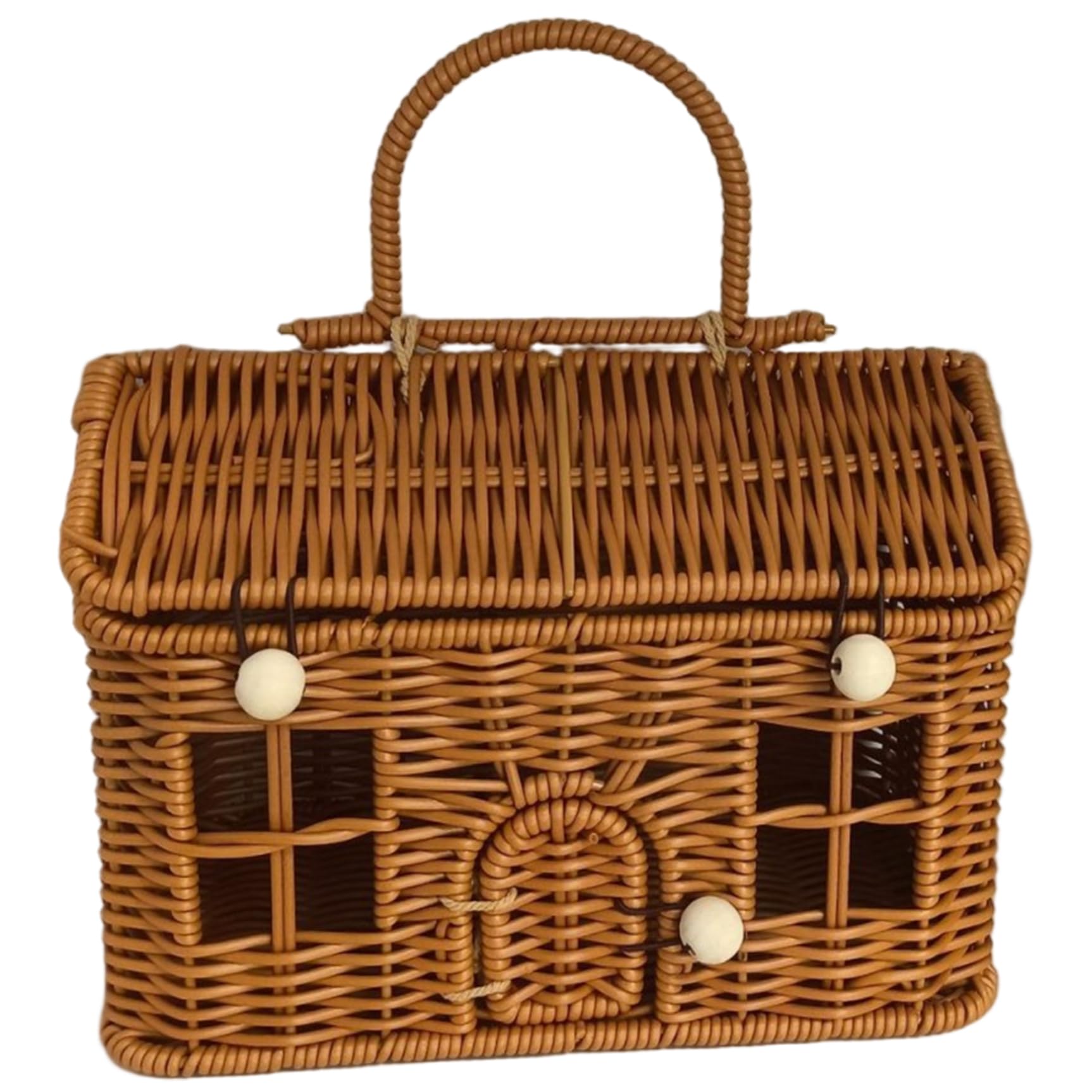 Xvhoab Brown Garden Harvest Basket, 9X6x5.5 Inch House Shaped Pp Rattan Picnic Basket With Lid & Handle, Button Closure Wicker Suitcase For Organizing, Storage