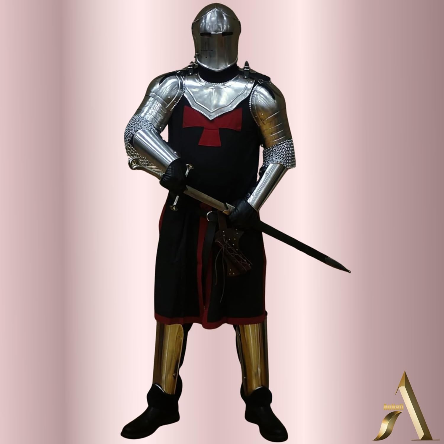 AnNafi® Medieval Iron Gorget with Pauldrons Gothic Spaulders Arm Shoulder Guard Set Viking Crusader Warrior Armor Steel Neck Protector SCA LARP Knight Metal Vembrace Pair Silver Adult