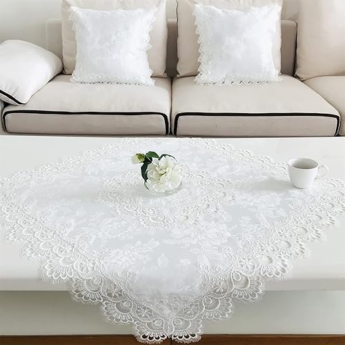 BrekSdat Mantel rectangular de encaje blanco de 33 x 33 pulgadas para mesas de comedor, mesita de cama, banquete de boda, fiesta, tela lavable,