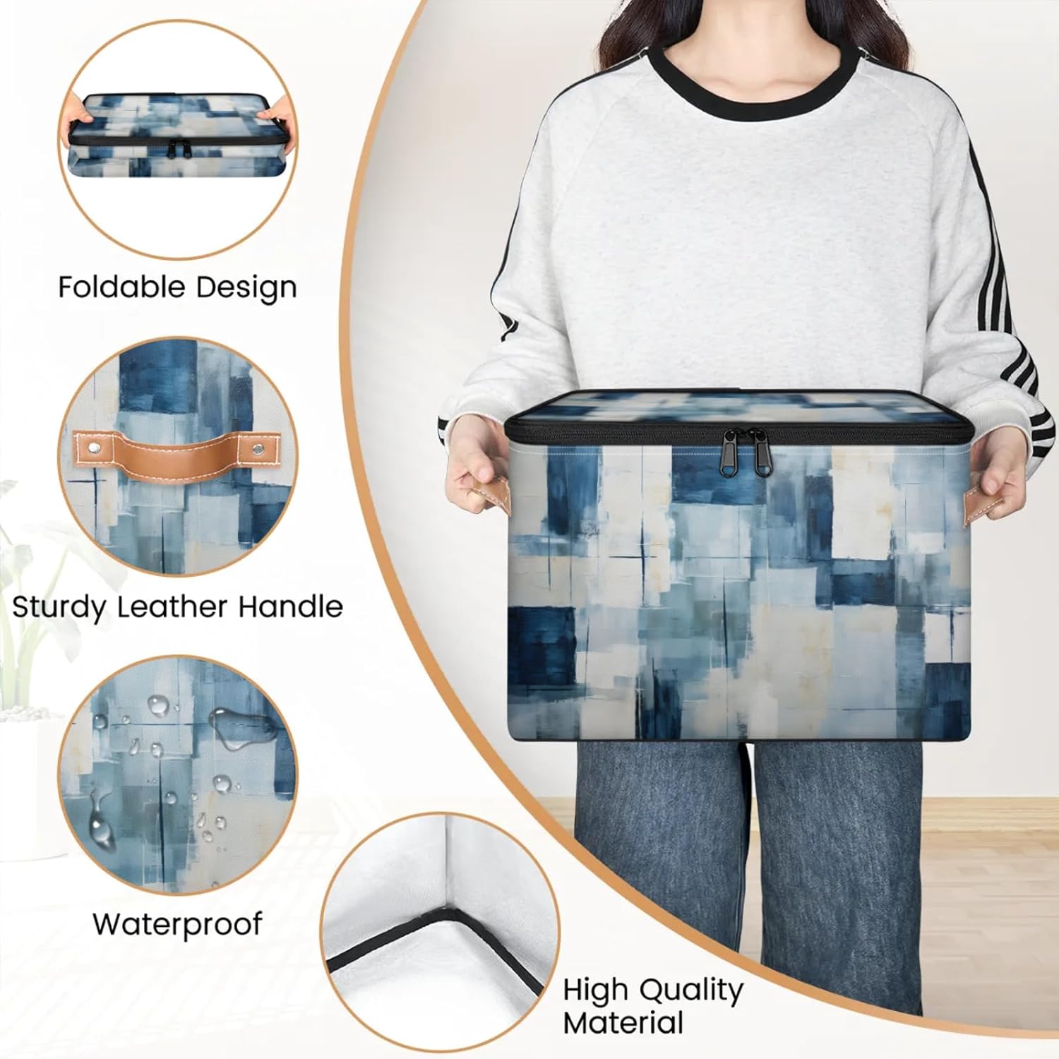 Storage Bin Set of 2 Watercolor Abstract Art Storage Basket with Zipper Lid & Handle Foldable Closet Shelf 2 Pack Cloth Organizer Basket Cube Bins Clothes Organizer for Nursery, Bedroom