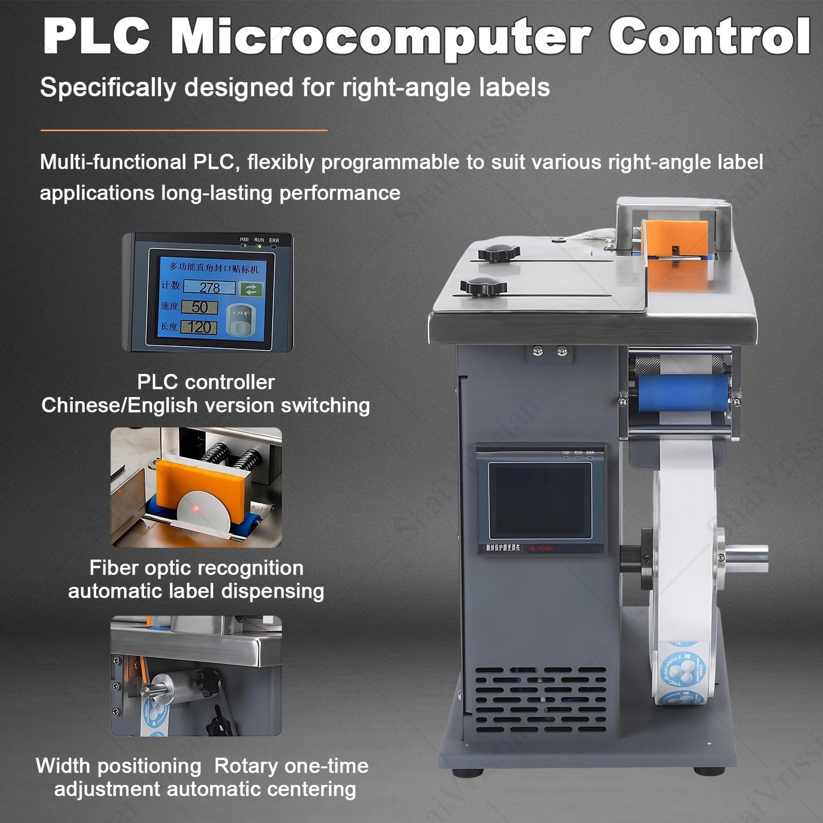 Etichettatrice, etichettatrice automatica ad angolo retto con controller PLC e sensore di luce, precisa per etichette quadrate e rotonde trasparenti