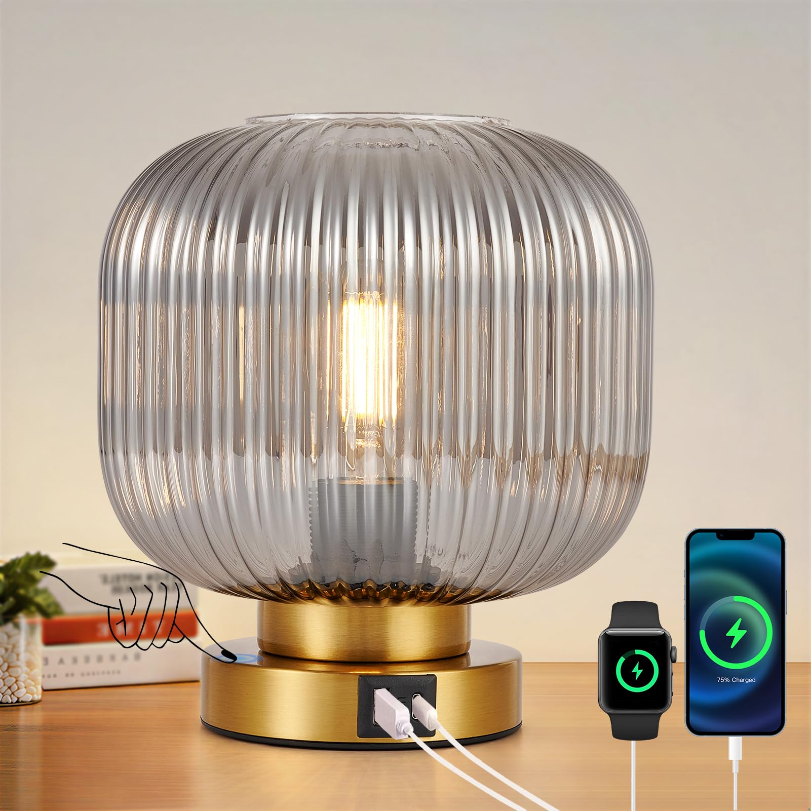 Harper Living Gold Table Lamp, Touch Control Dimmable E27 Desk Lamp, Smoked Glass Shade In