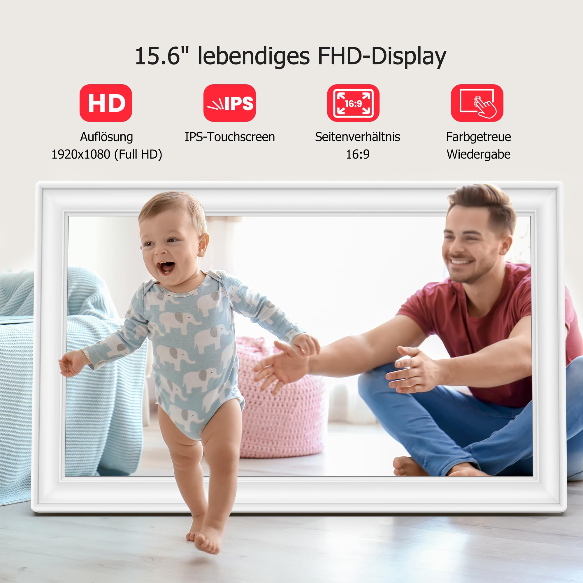 FRAMEO Marco de fotos digital de 64 GB de 15,6 pulgadas, color blanco - FHD 1920 x 1080P IPS pantalla táctil marco digital de rotación automática Marco de fotos electrónico, compartir fotos/vídeos al