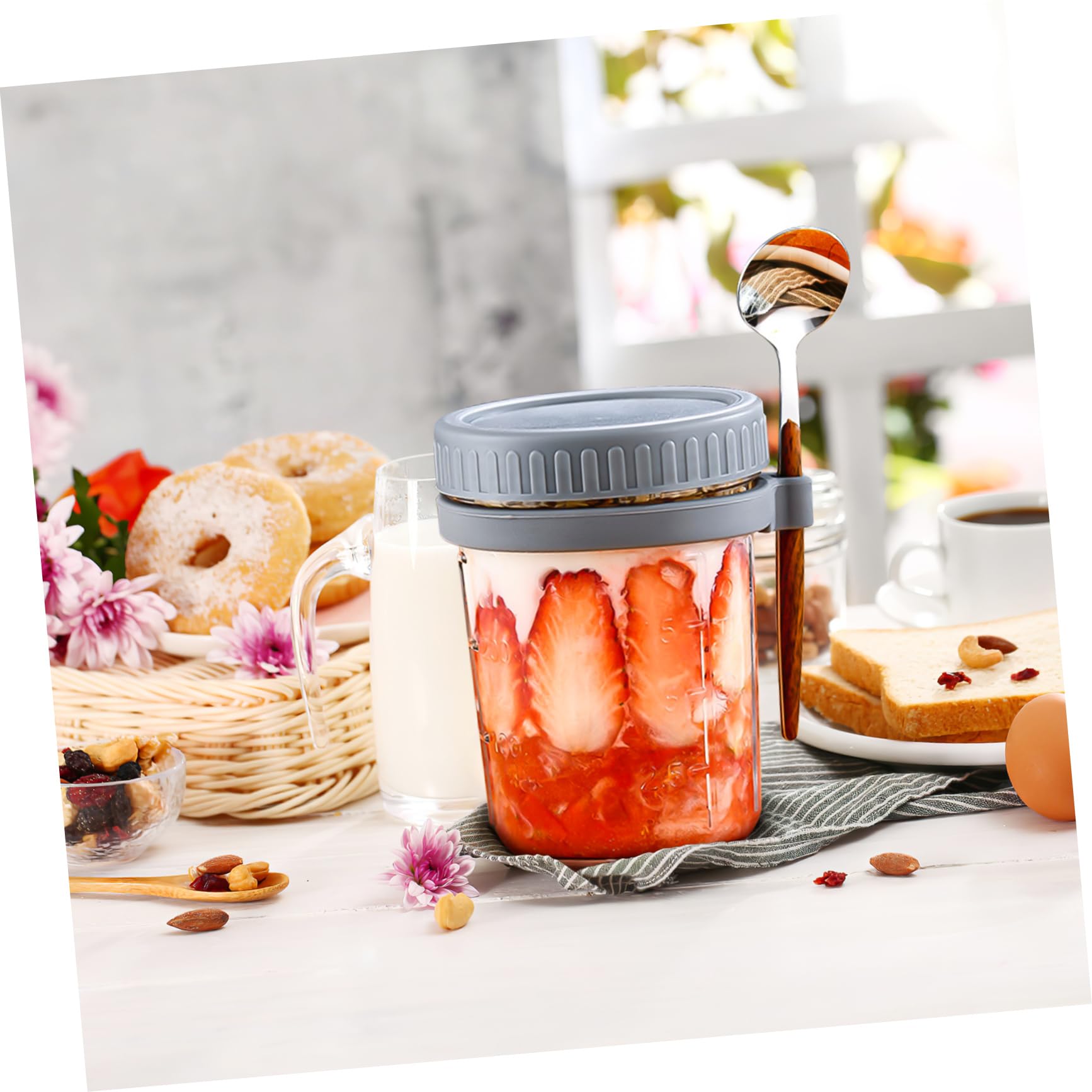 Ciieeo Vorratsdose Glas mit Holzdeckel 4 Stück 400ml mit Löffel aus Glas und Silikon Auslaufsicher für Büro und Schlafsaal