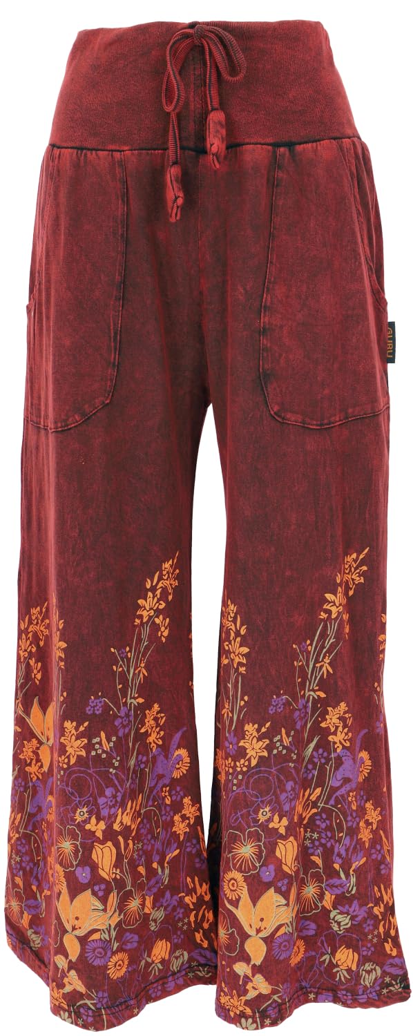 GURU SHOP Palazzo Pantalon Coton Pantalon Hippie à Fleurs Pantacourt Femme Coton Pantalon Alternative Vêtements, rouge bordeaux, W42
