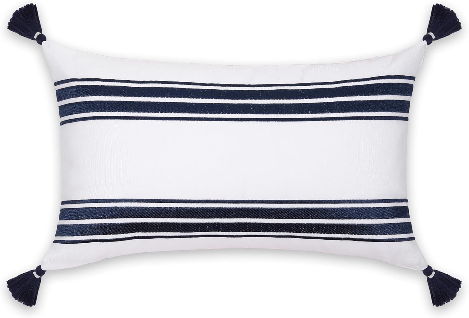 Hofdeco Premium Coastal Patio Indoor Outdoor Lumbar Pillow Cover Only, 12"x20" Water Repellent for Backyard, Couch, Navy Blue Embroidered Stripes with Tassels