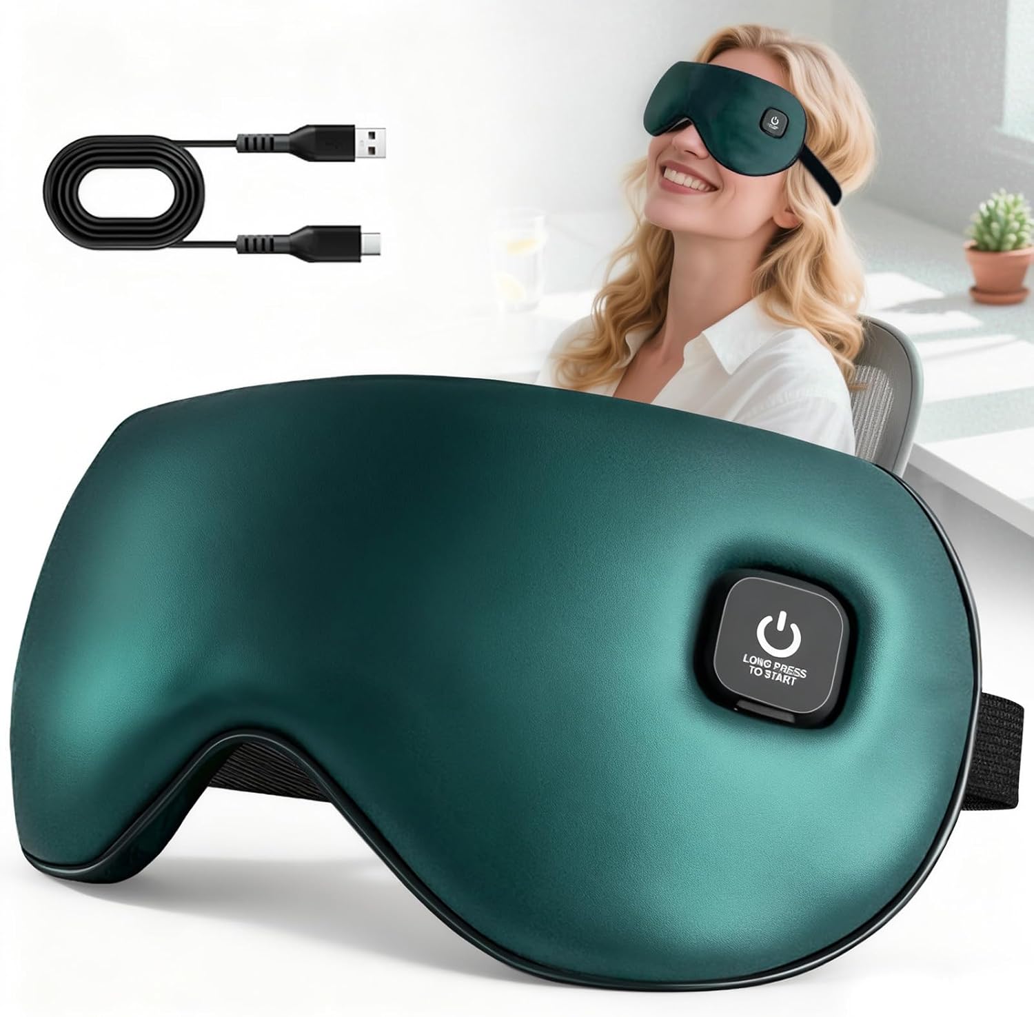 Heated Eye Mask, Rechargeable Detachable Washable Faux Silk Electric Cordless Dry Eyes Warmer Compress Graphene Sleep Mask Travel Gifts for Men Women, 3 Heat Levels & Auto-Off, Blackish Green