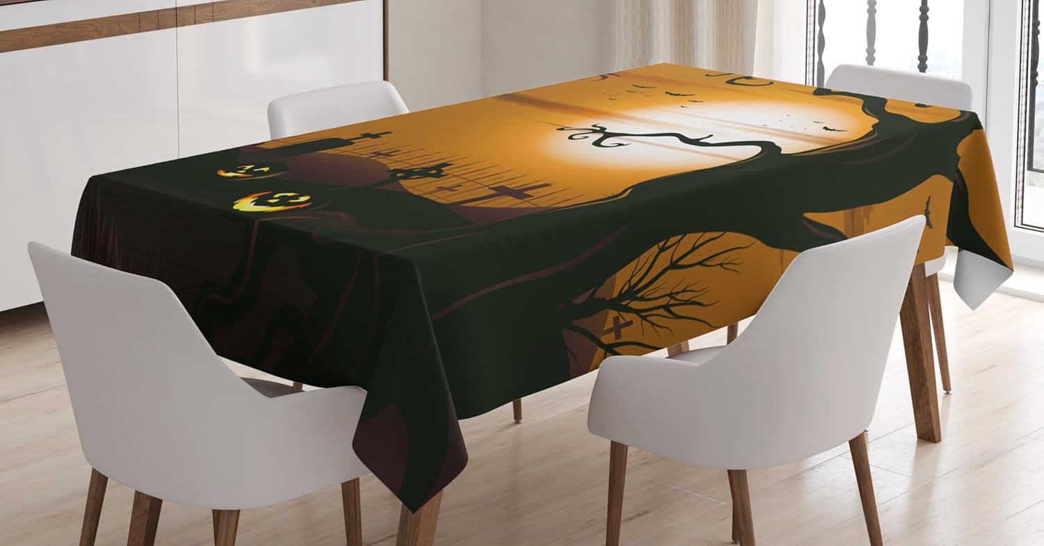 Ambesonne Halloween Tablecloth, Leafless Creepy Tree with Twiggy Branches at Night in Cemetery Graphic Drawing, Rectangular Table Cover for Dining Room Kitchen Decor, 60" X 90", Brown Tan
