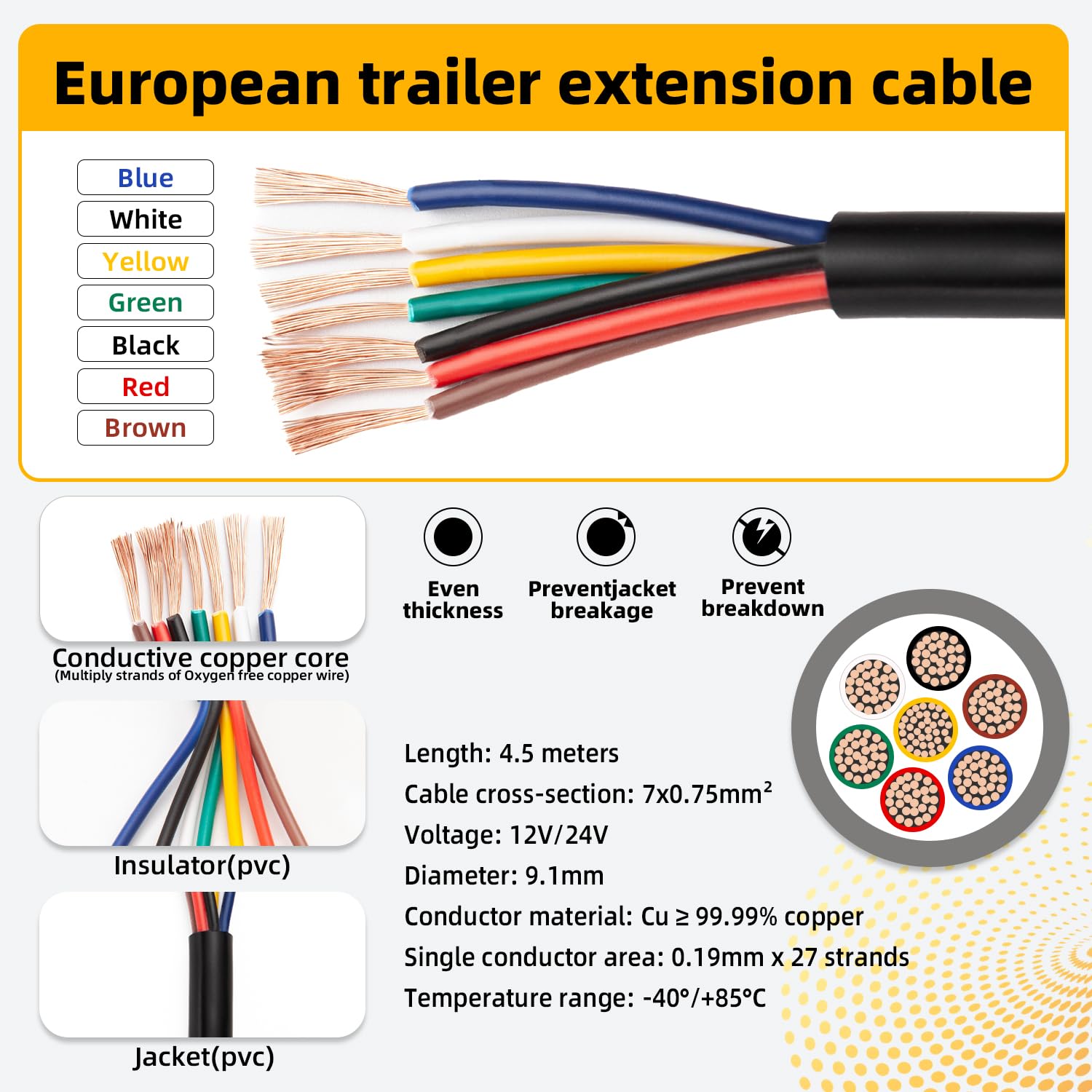 KARFIXON Cable de Vehículo 7x0,75mm² Cable de Remolque 7 Polos para Caravana Remolque Automóvil - 4,5 Metros — view 3