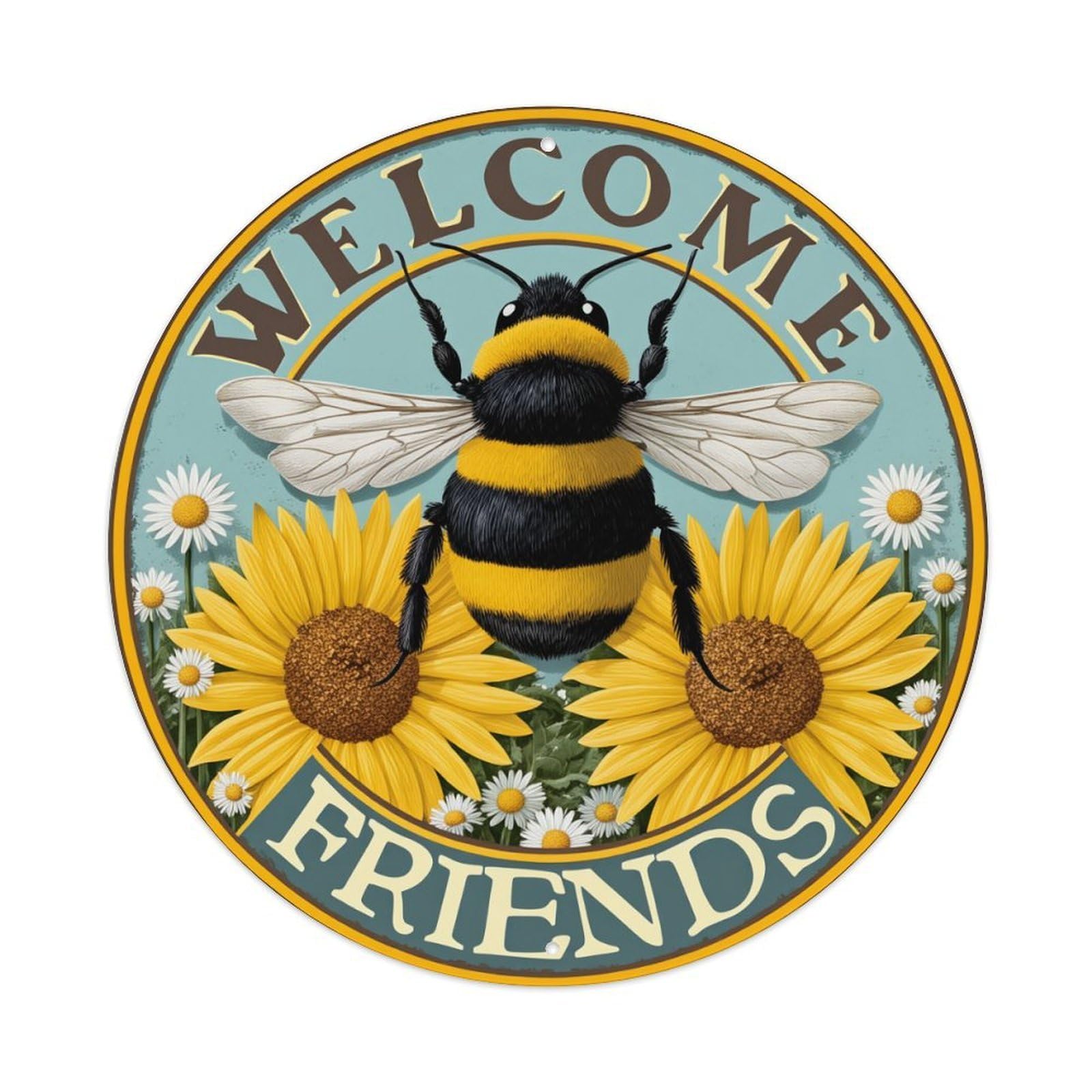 Welcome Bee Sunflower Friends Pattern Round Tin Sign Retro Metal Sign for Cafe Bar Pub Home Game Room Gym Club Wall Decoration Vintage Metal Poster 8x8 Inch