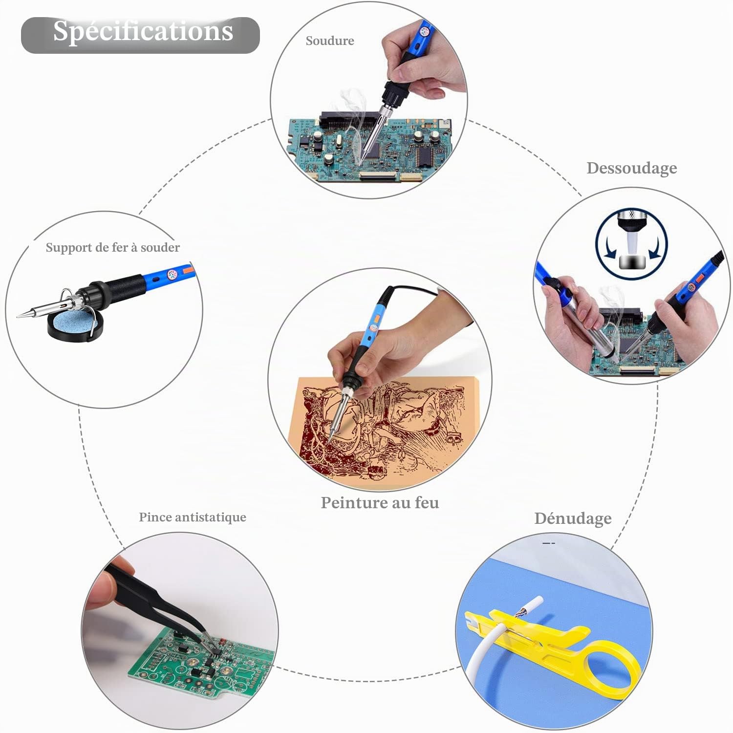 Fer à Souder Set 60W Kit de Soudage Électrique Interrupteur On/Off, Fer à Souder Température Réglable 220~480℃ 4 Pointe Soudage Pompe à Dessouder support Fil de Soudure Pincettes dénudeur de fil