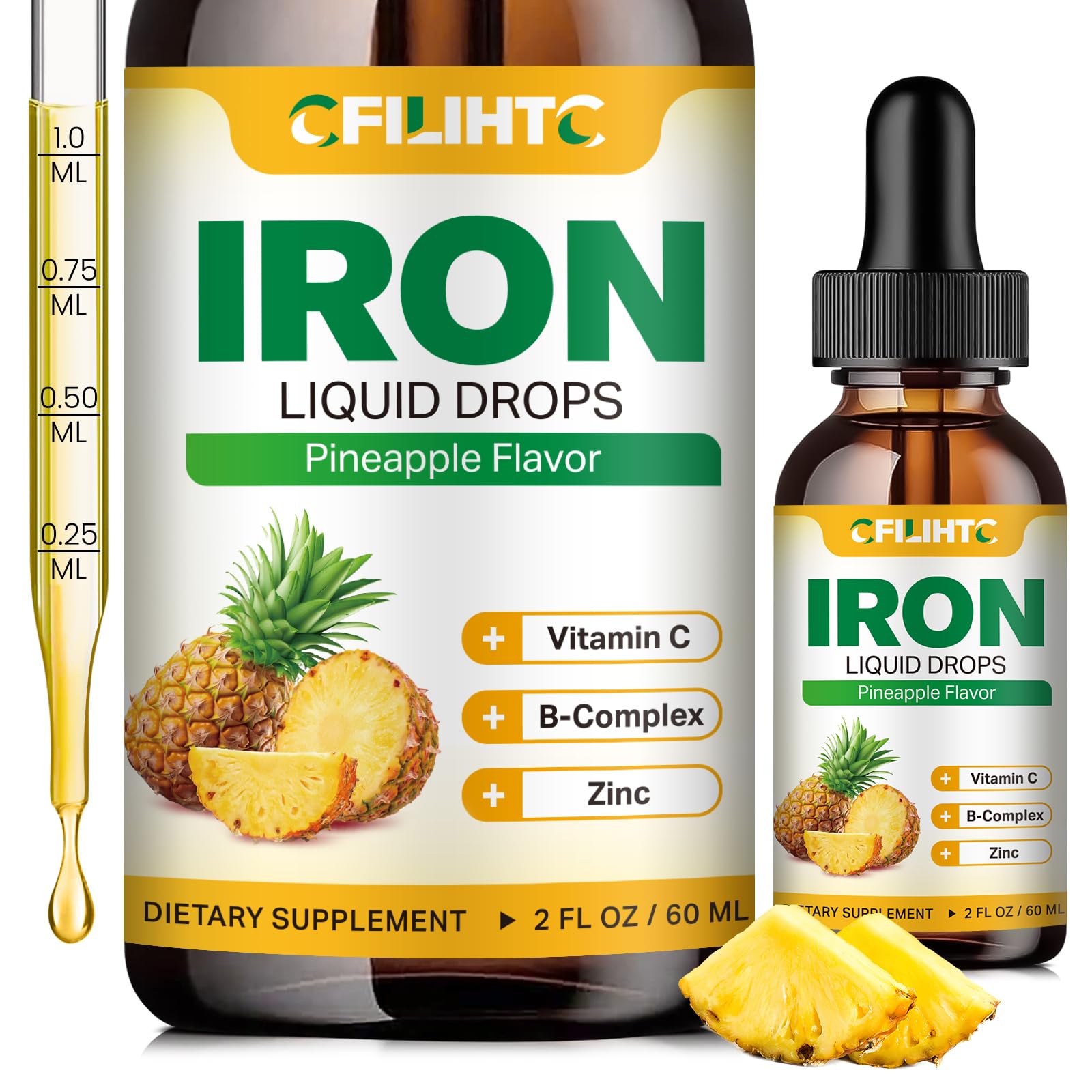 Liquid Iron Supplement for Women Men & Kids Multivitamin Iron Drops with Folate, Vitamin C, B6, B12, Zinc for Anemia, Iron Deficiency, Blood Builder, Energy - Natural Pineapple Flavor, Vegan 2 Fl Oz Pineapple 2 Fl Oz (Pack of 1)