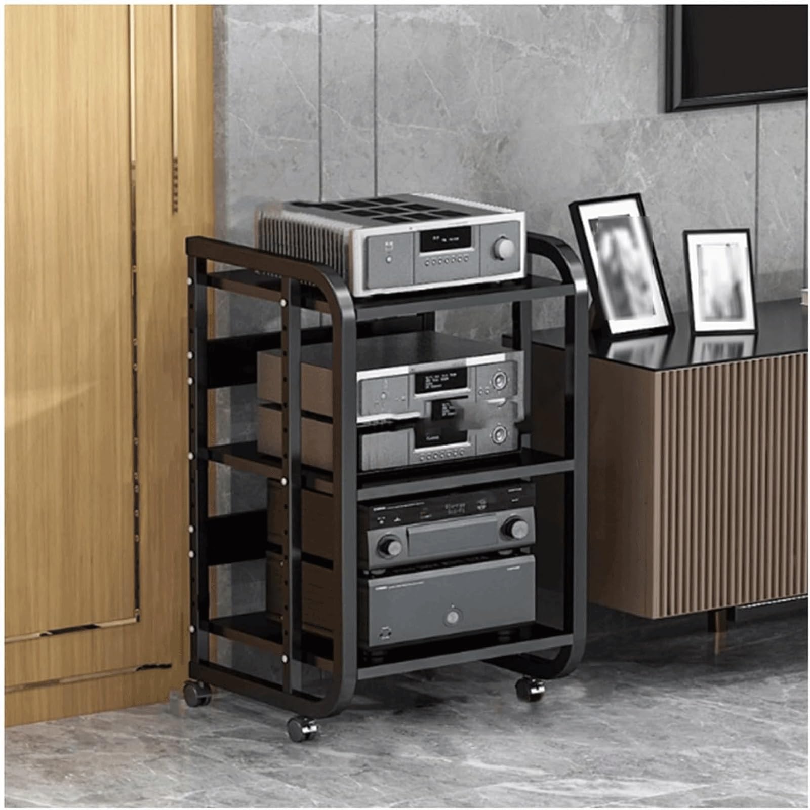 Étagère audio à 3 niveaux avec roulettes réglables en acier pour matériel audio et stockage vidéo Design moderne Woo Open