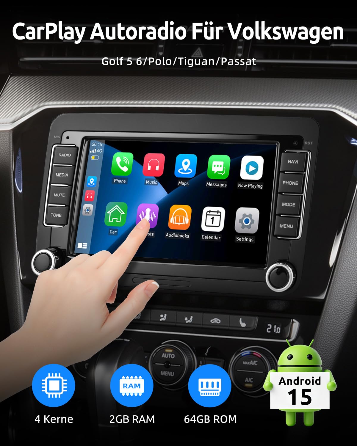 ESSGOO Android15 4+64G Wireless CarPlay Androidd Auto Autoradio Für VW Golf MK5 MK6 Polo Caddy Passat Seat RCD330,2 Din Bluetooth Radio mit 7 Zoll Touchscreen FM RDS GPS WiFi Navi