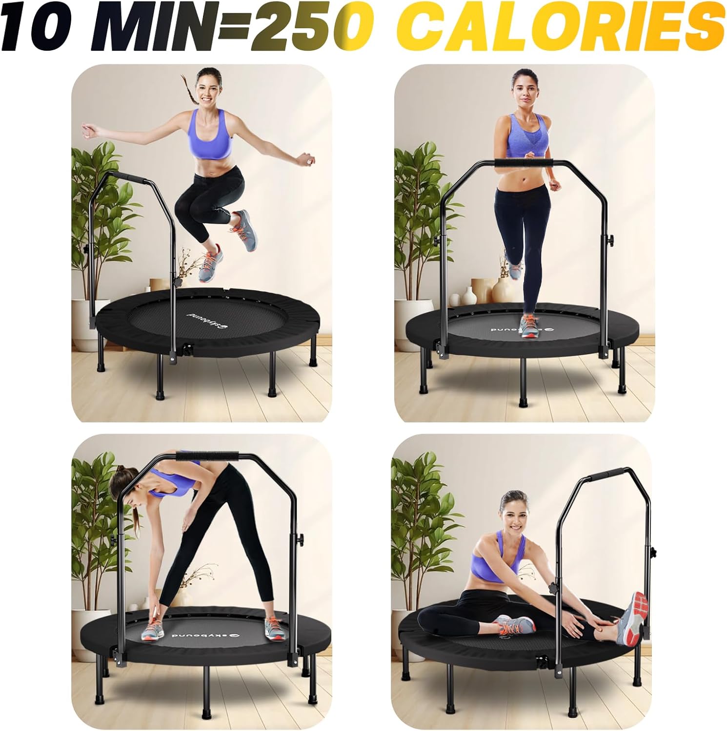 SkyBound Rebounder Trampoline for Adults - Indoor Mini Trampoline with Bar, Fitness Rebounder with 3 Adjustable Foam Handles, Exercise Trampoline for Adults Indoor/Garden Workout