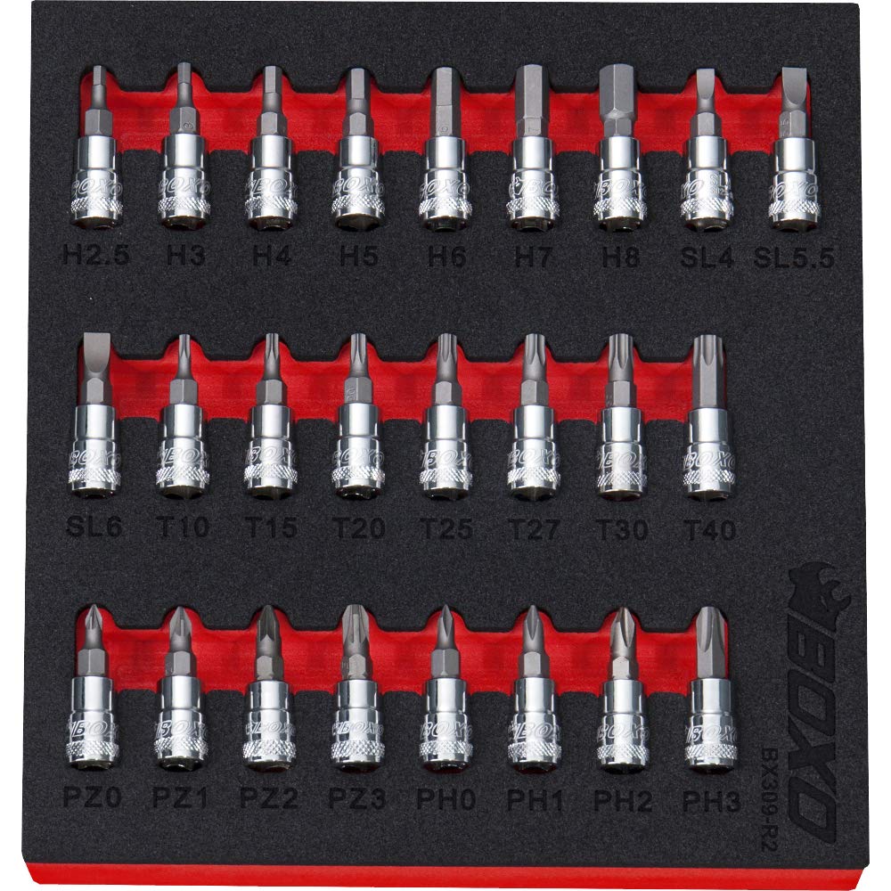 Boxo 1/4" Dr Master Bit Set 25Pcs Hex, Torx, Pozi, Flat In Foam Tray Bx309-R2 Size 1
