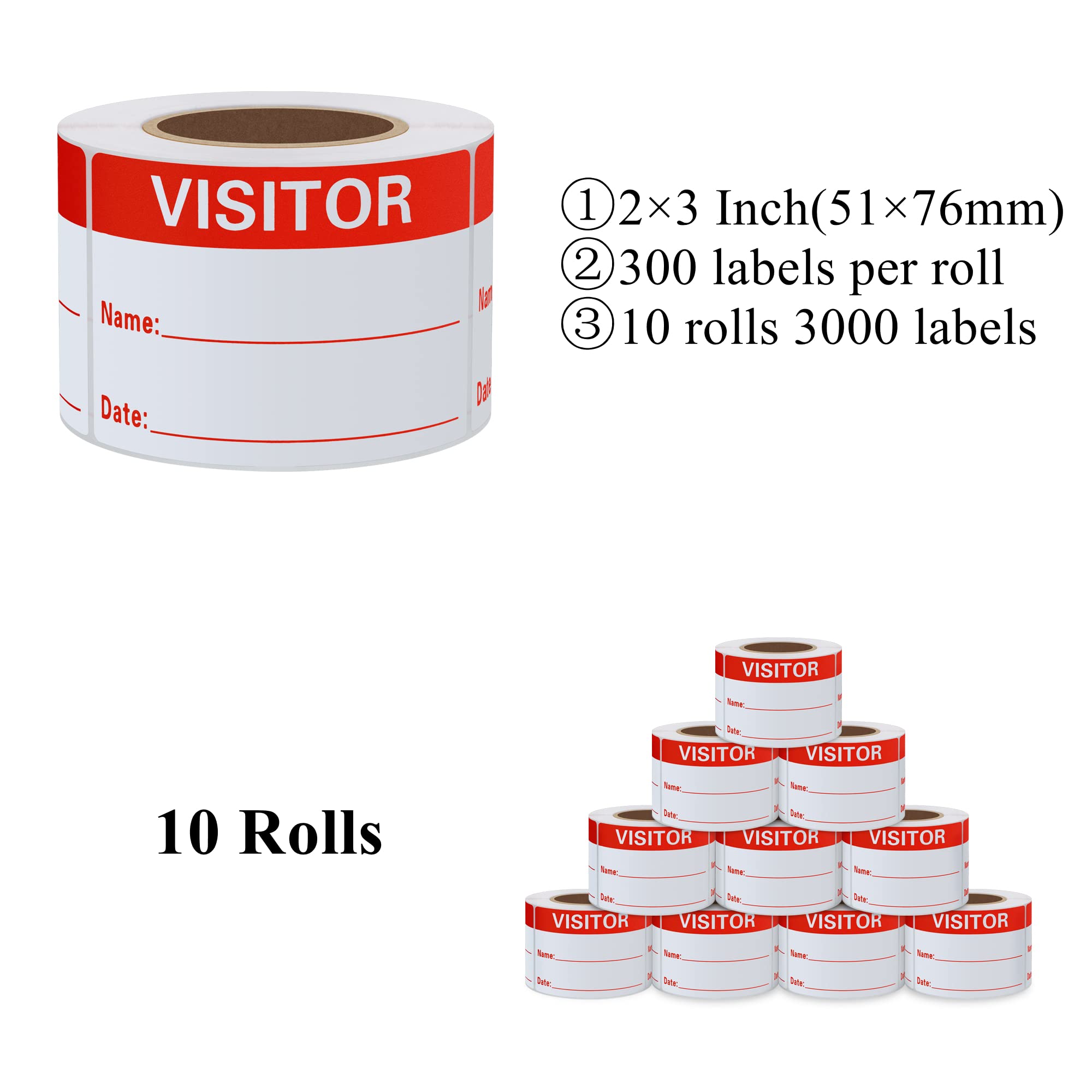 Etichette adesive per pass visitatori scrivibili, 5 x 7,6 cm, colore rosso, 300 adesivi per rotolo (10 rotoli)